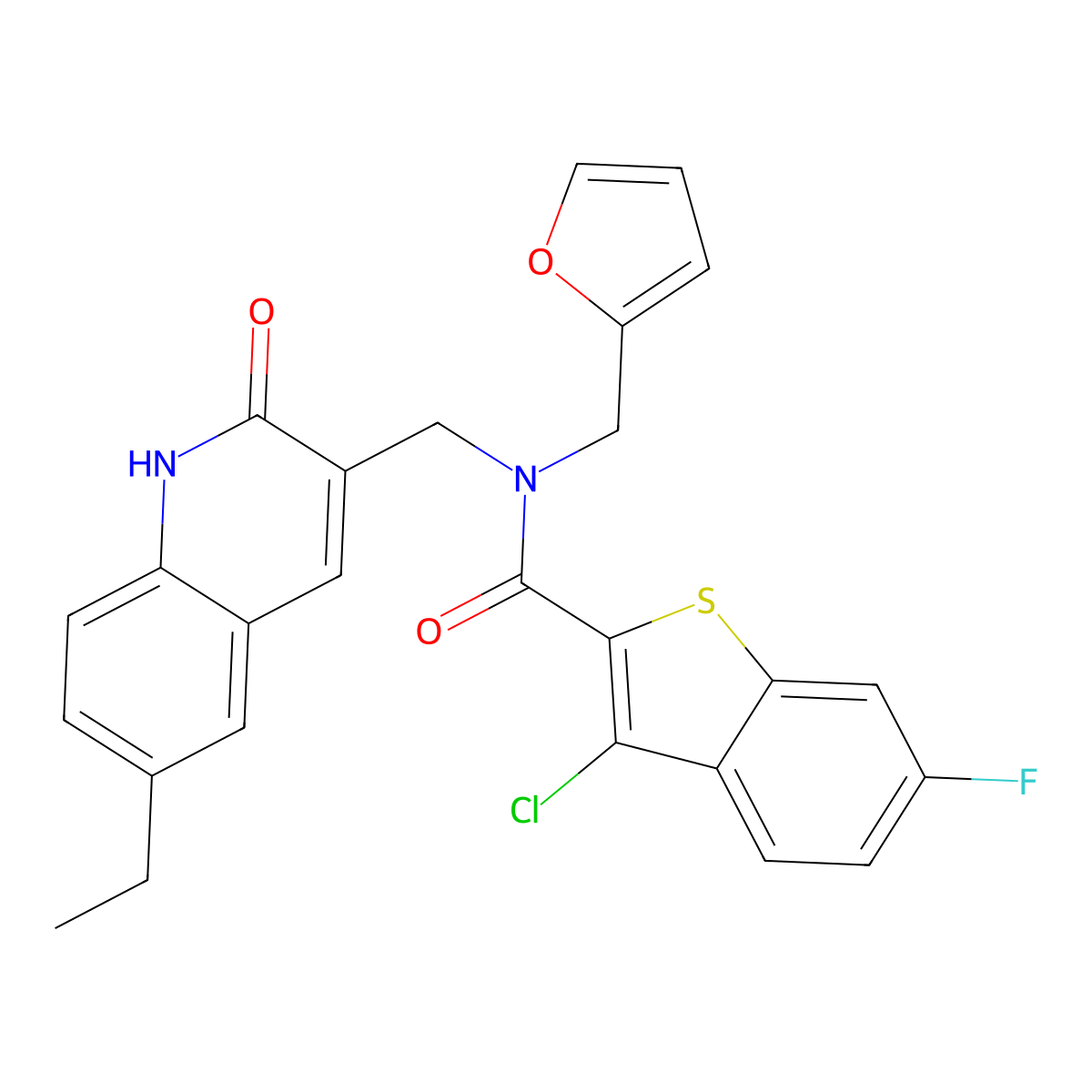 3-chloro-N-[(6-ethyl-2-oxo-1H-quinolin-3-yl)methyl]-6-fluoro-N-(furan-2-ylmethyl)-1-benzothiophene-2-carboxamide molecular structure, CAS 579450-33-2