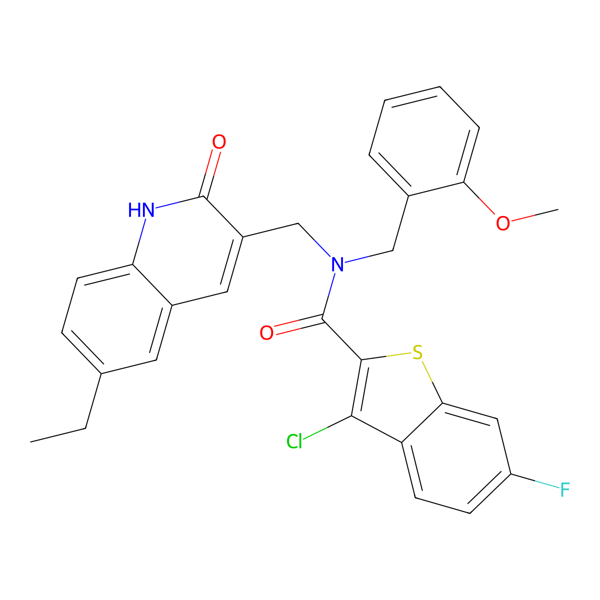 3-chloro-N-[(6-ethyl-2-oxo-1H-quinolin-3-yl)methyl]-6-fluoro-N-[(2-methoxyphenyl)methyl]-1-benzothiophene-2-carboxamide molecular structure, CAS 579450-66-1