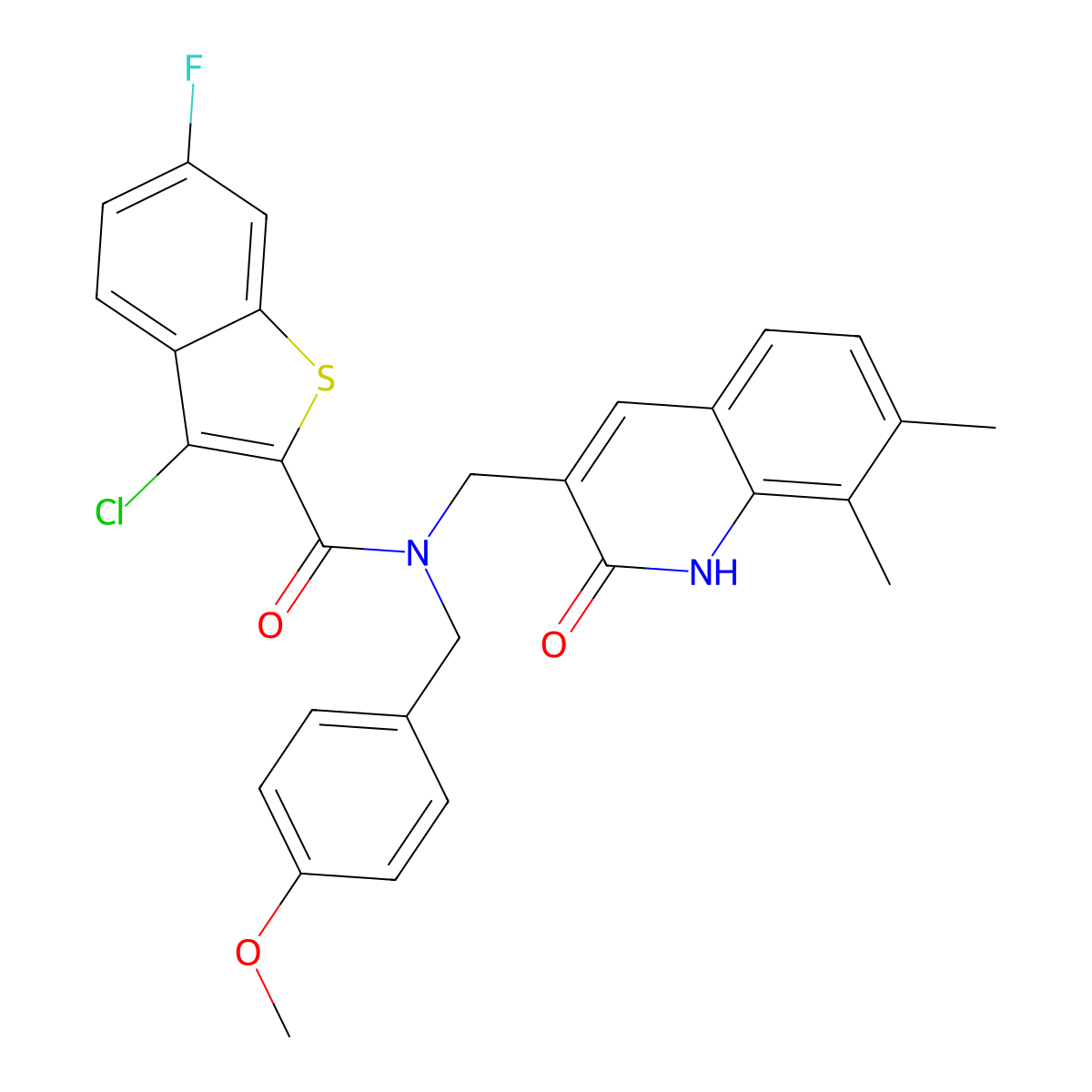 3-chloro-N-[(7,8-dimethyl-2-oxo-1H-quinolin-3-yl)methyl]-6-fluoro-N-[(4-methoxyphenyl)methyl]-1-benzothiophene-2-carboxamide molecular structure, CAS 579451-53-9