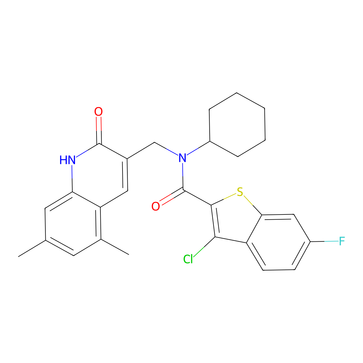 3-chloro-N-cyclohexyl-N-[(5,7-dimethyl-2-oxo-1H-quinolin-3-yl)methyl]-6-fluoro-1-benzothiophene-2-carboxamide molecular structure, CAS 579453-90-0