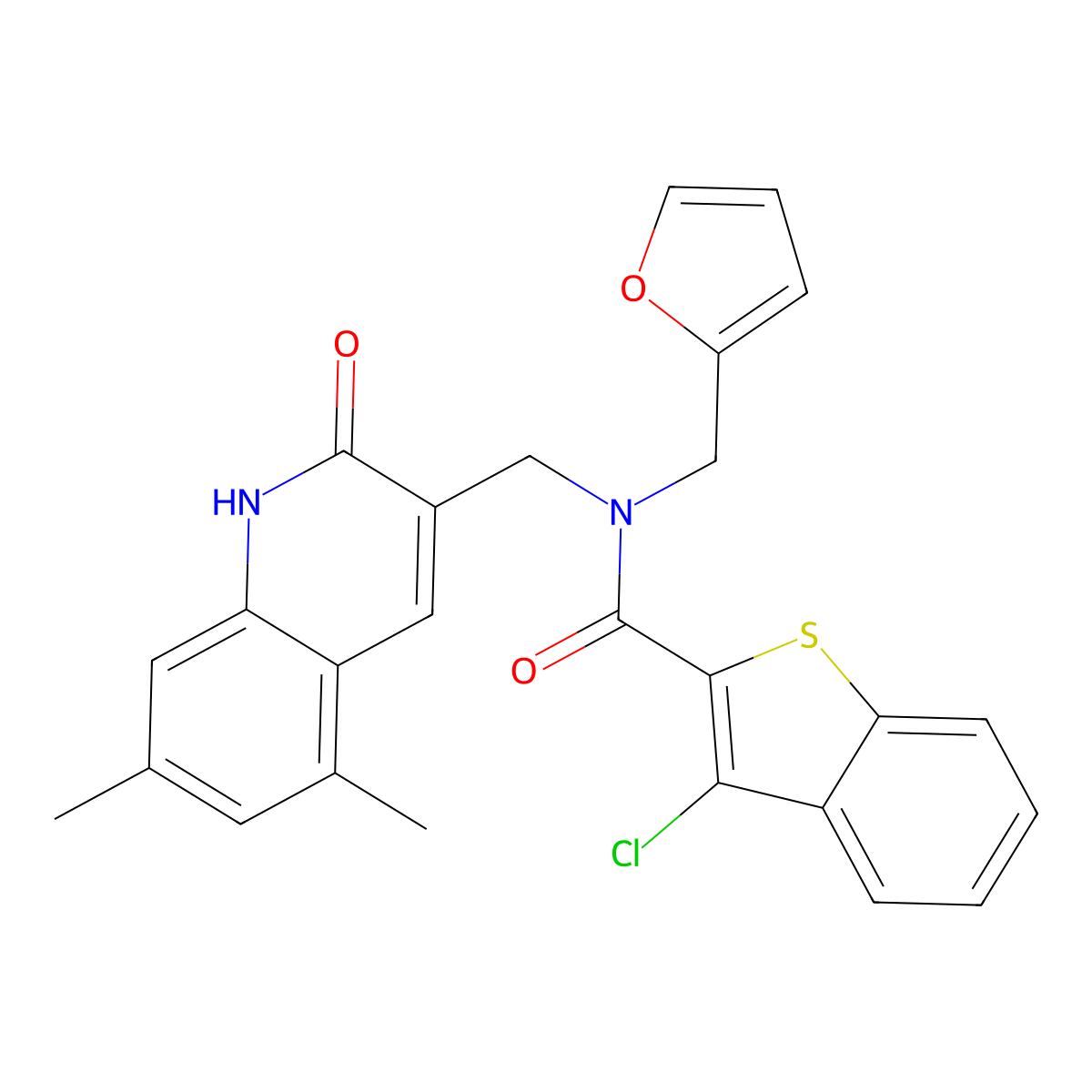 3-chloro-N-[(5,7-dimethyl-2-oxo-1H-quinolin-3-yl)methyl]-N-(furan-2-ylmethyl)-1-benzothiophene-2-carboxamide molecular structure, CAS 579454-05-0