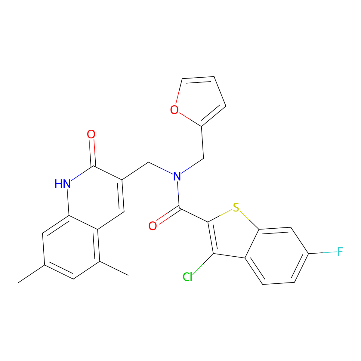 3-chloro-N-[(5,7-dimethyl-2-oxo-1H-quinolin-3-yl)methyl]-6-fluoro-N-(furan-2-ylmethyl)-1-benzothiophene-2-carboxamide molecular structure, CAS 579454-06-1