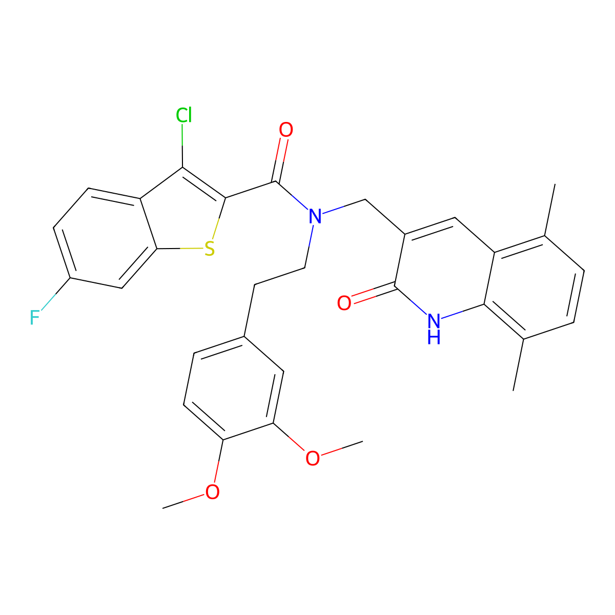 3-chloro-N-[2-(3,4-dimethoxyphenyl)ethyl]-N-[(5,8-dimethyl-2-oxo-1H-quinolin-3-yl)methyl]-6-fluoro-1-benzothiophene-2-carboxamide molecular structure, CAS 579455-41-7