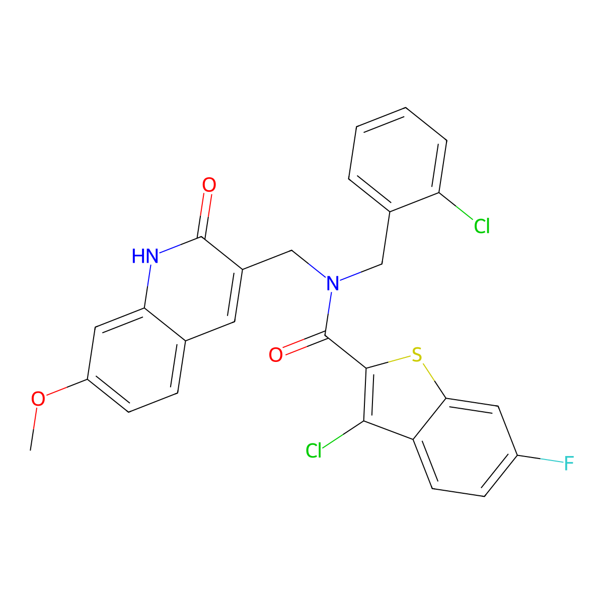 3-chloro-N-[(2-chlorophenyl)methyl]-6-fluoro-N-[(7-methoxy-2-oxo-1H-quinolin-3-yl)methyl]-1-benzothiophene-2-carboxamide molecular structure, CAS 579456-90-9