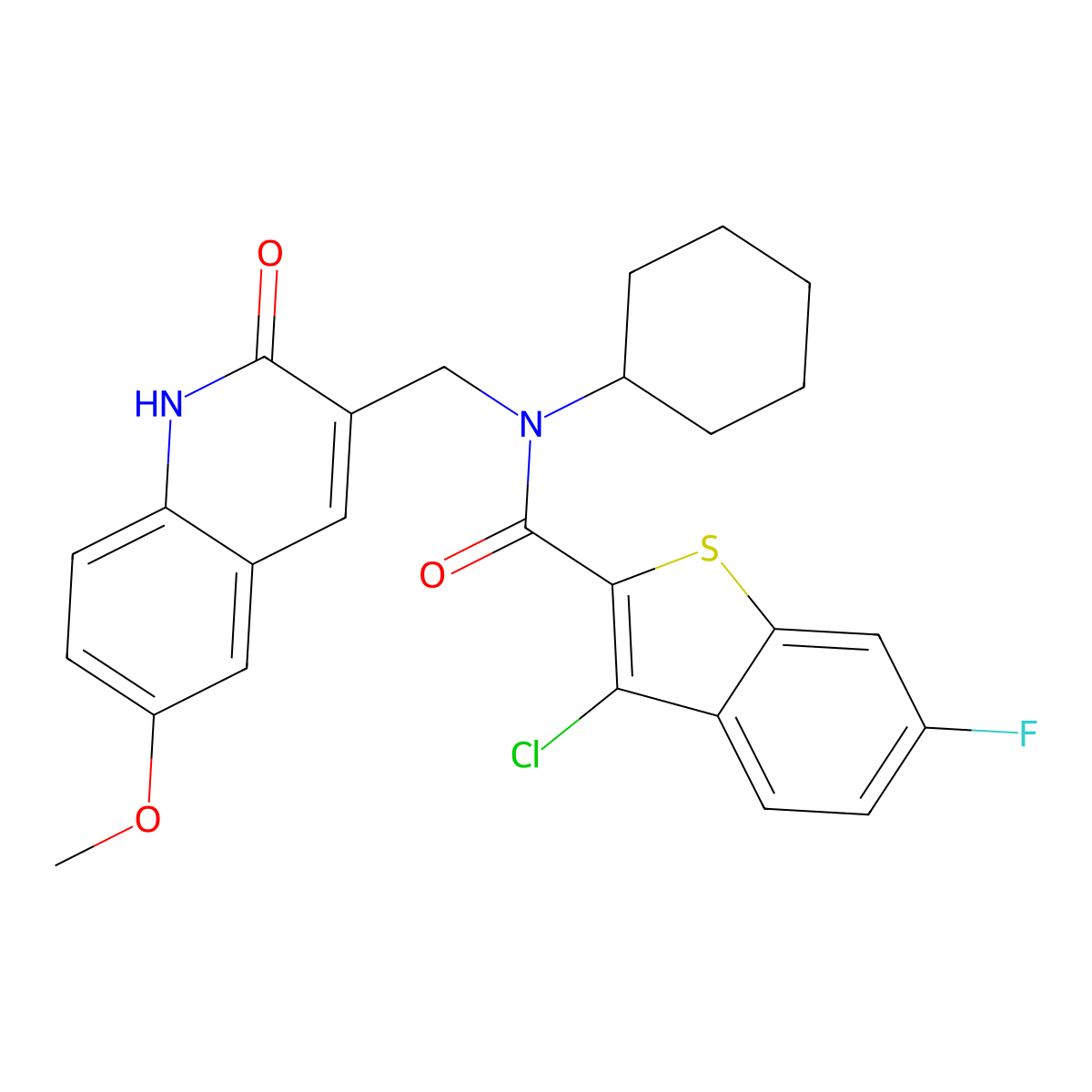 3-chloro-N-cyclohexyl-6-fluoro-N-[(6-methoxy-2-oxo-1H-quinolin-3-yl)methyl]-1-benzothiophene-2-carboxamide molecular structure, CAS 579457-39-9