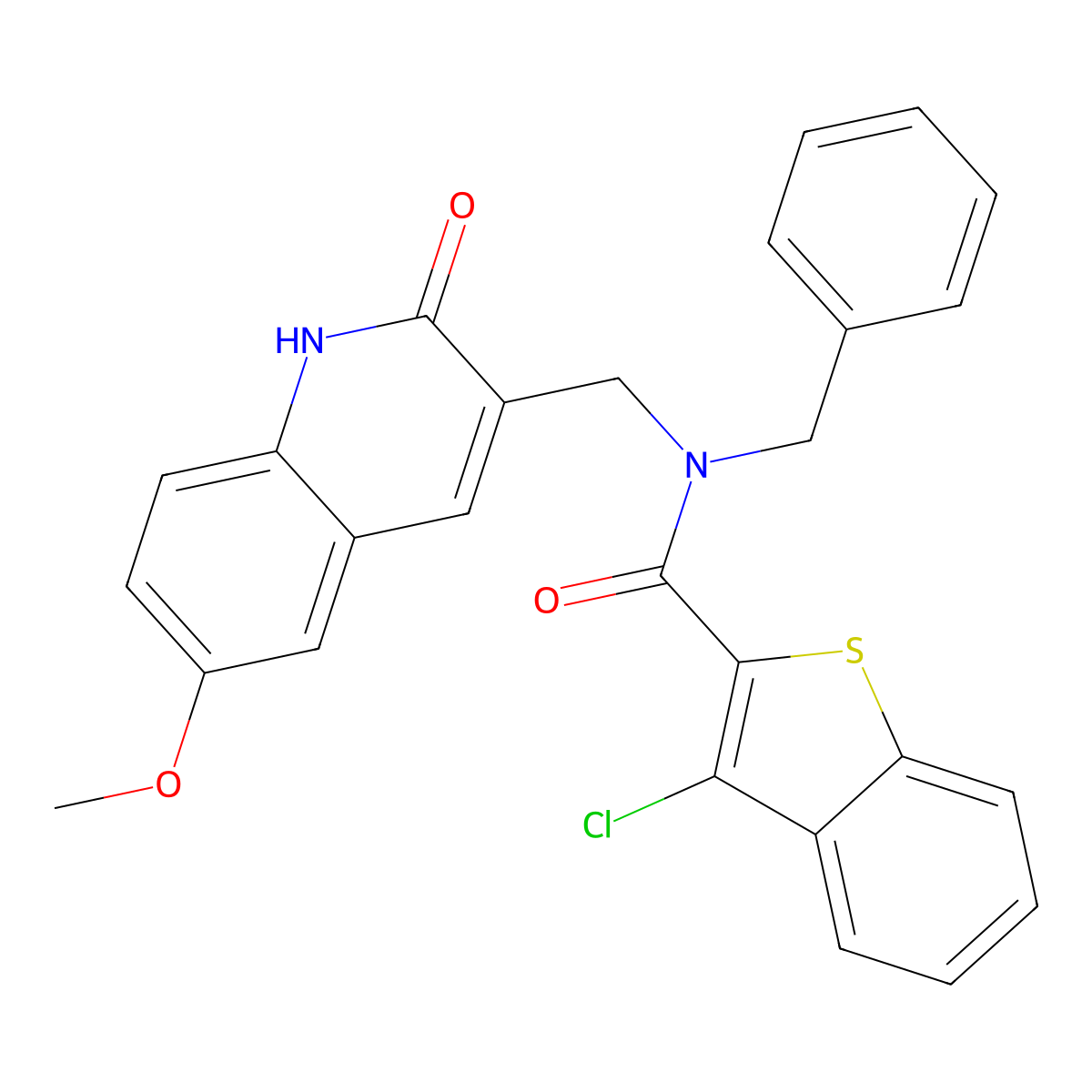 Benzo[B]thiophene-2-carboxamide, 3-chloro-N-[(1,2-dihydro-6-methoxy-2-oxo-3-quinolinyl)methyl]-N-(phenylmethyl)- molecular structure, CAS 579457-66-2