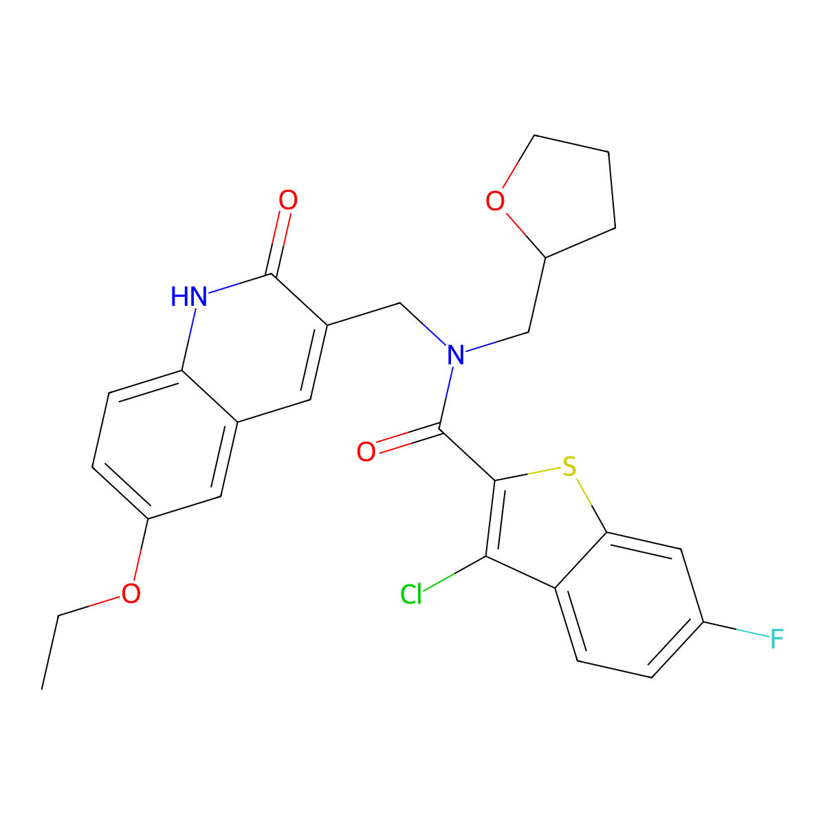 3-chloro-N-[(6-ethoxy-2-oxo-1H-quinolin-3-yl)methyl]-6-fluoro-N-(oxolan-2-ylmethyl)-1-benzothiophene-2-carboxamide molecular structure, CAS 579458-64-3