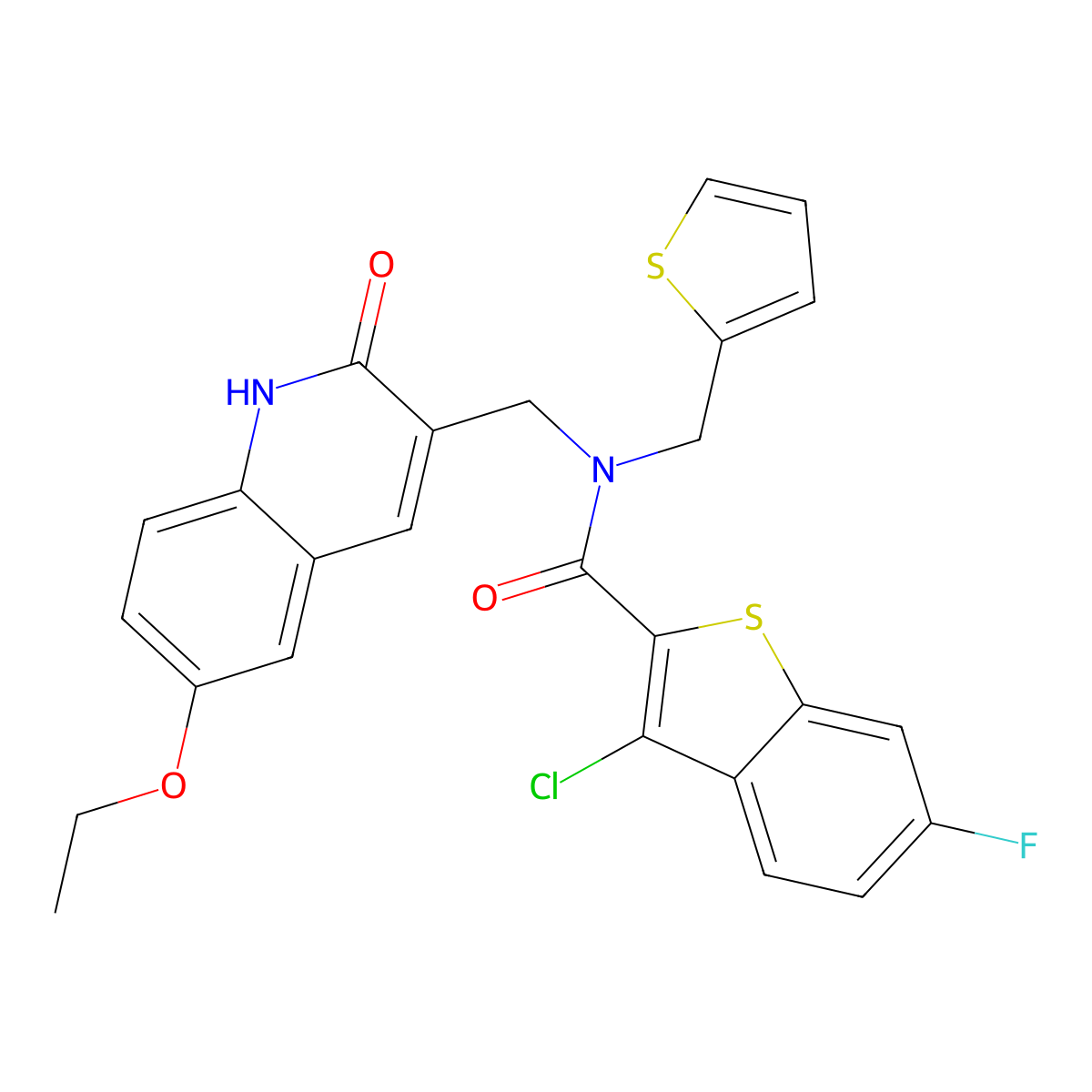 3-chloro-N-[(6-ethoxy-2-oxo-1H-quinolin-3-yl)methyl]-6-fluoro-N-(thiophen-2-ylmethyl)-1-benzothiophene-2-carboxamide molecular structure, CAS 579458-79-0