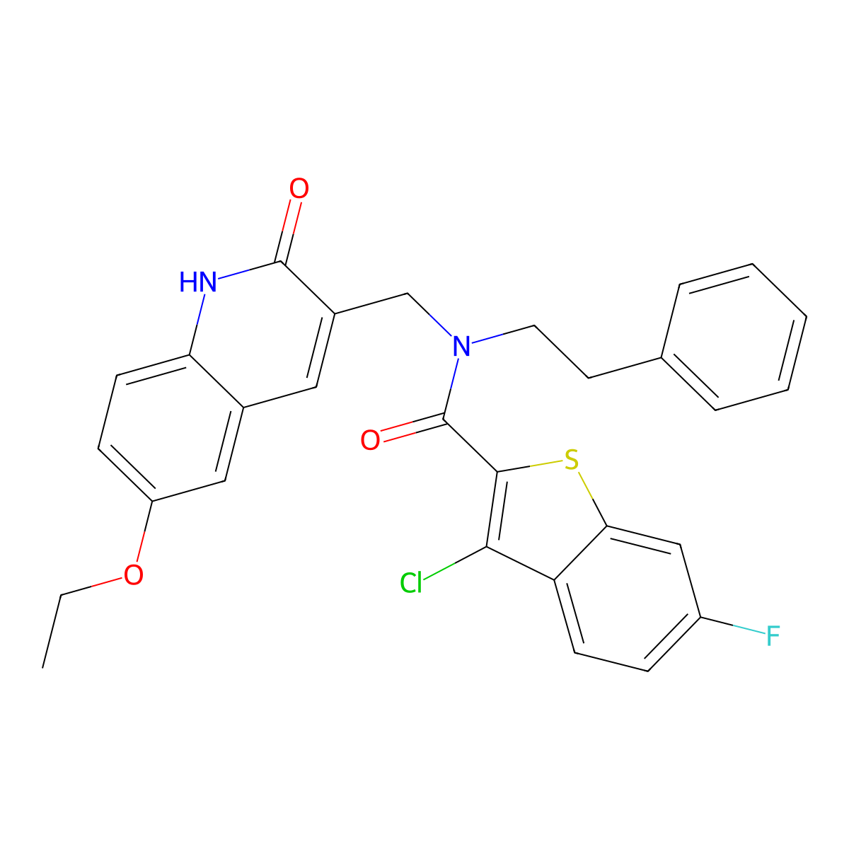 3-chloro-N-[(6-ethoxy-2-oxo-1H-quinolin-3-yl)methyl]-6-fluoro-N-(2-phenylethyl)-1-benzothiophene-2-carboxamide molecular structure, CAS 579459-26-0