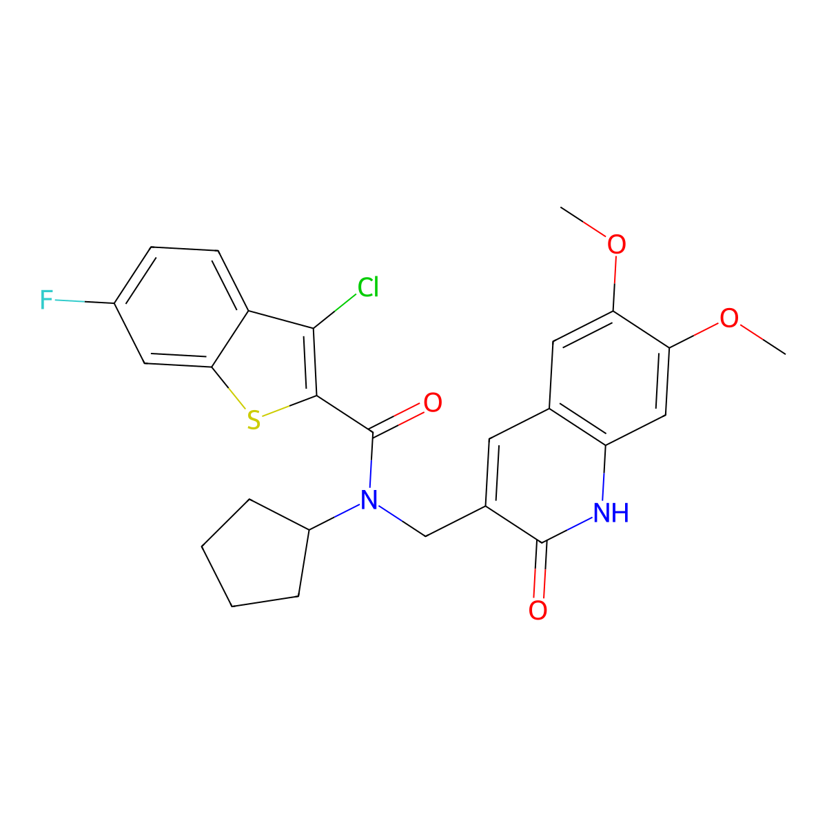 3-chloro-N-cyclopentyl-N-[(6,7-dimethoxy-2-oxo-1H-quinolin-3-yl)methyl]-6-fluoro-1-benzothiophene-2-carboxamide molecular structure, CAS 579459-50-0
