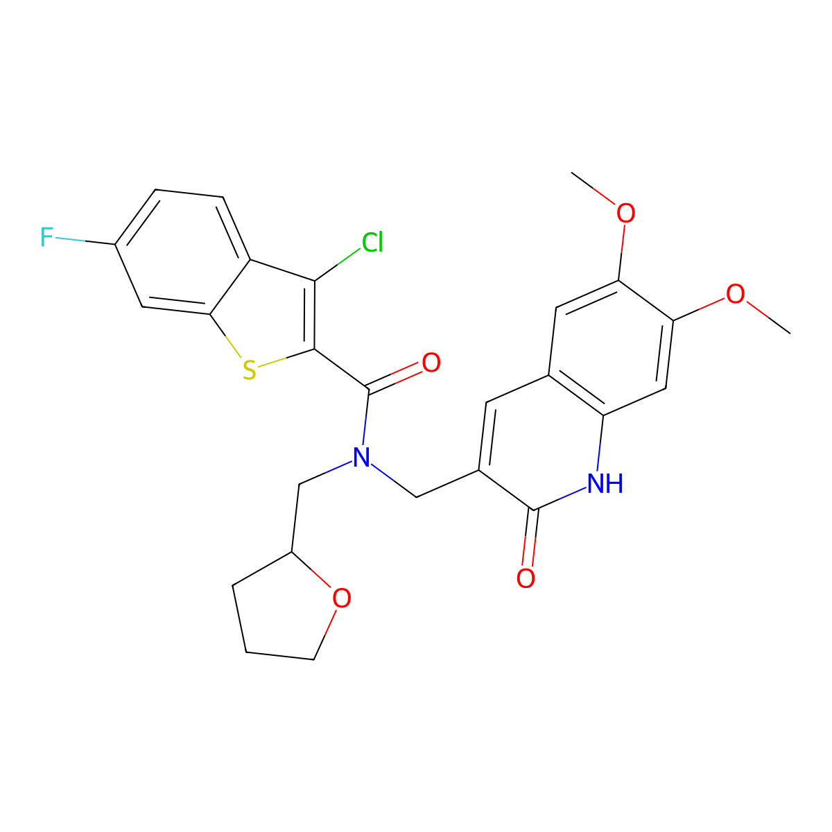 3-chloro-N-[(6,7-dimethoxy-2-oxo-1H-quinolin-3-yl)methyl]-6-fluoro-N-(oxolan-2-ylmethyl)-1-benzothiophene-2-carboxamide molecular structure, CAS 579459-58-8