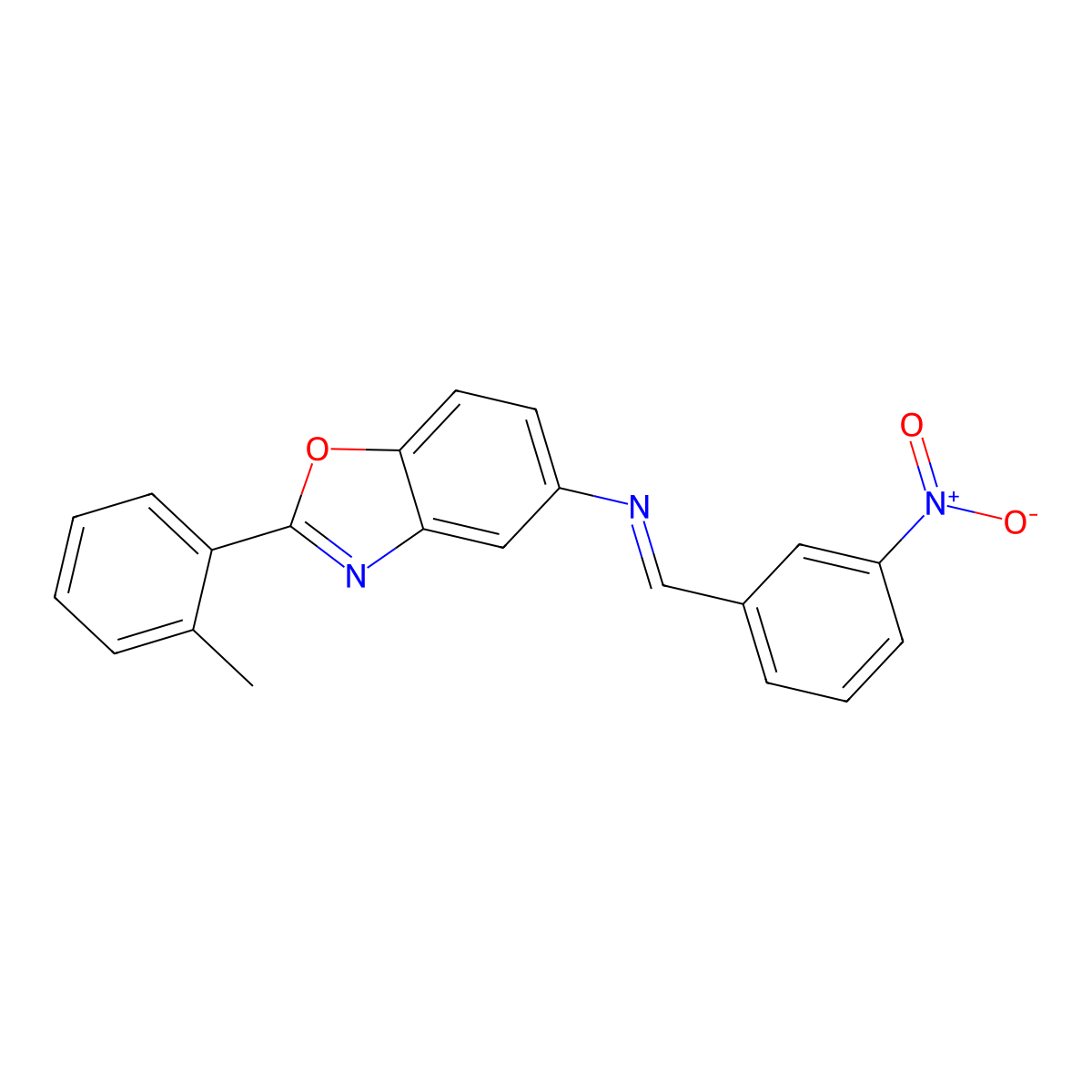 (E)-N-[2-(2-Methylphenyl)-1,3-benzoxazol-5-yl]-1-(3-nitrophenyl)methanimine molecular structure, CAS 5795-86-8