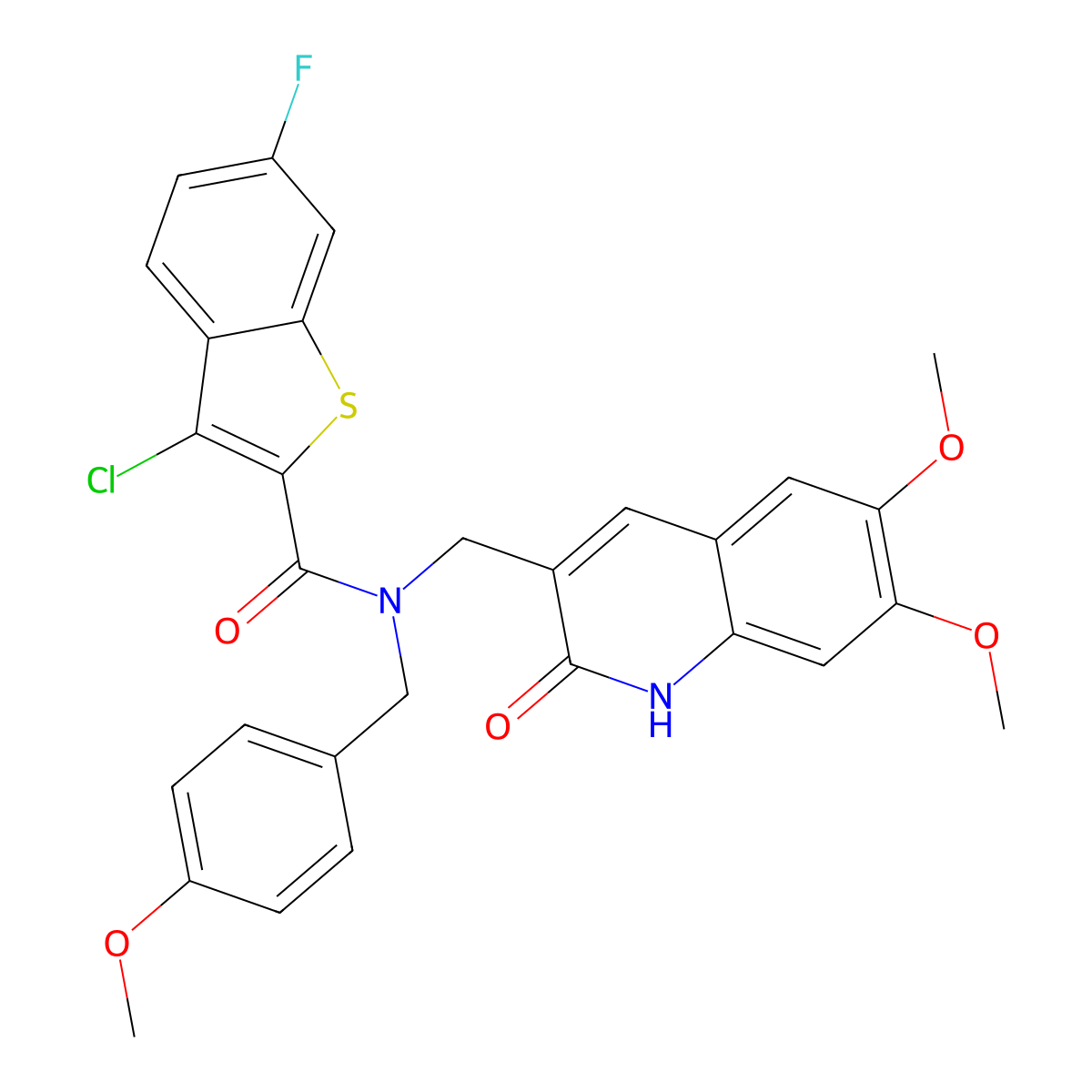 3-chloro-N-[(6,7-dimethoxy-2-oxo-1H-quinolin-3-yl)methyl]-6-fluoro-N-[(4-methoxyphenyl)methyl]-1-benzothiophene-2-carboxamide molecular structure, CAS 579516-56-6