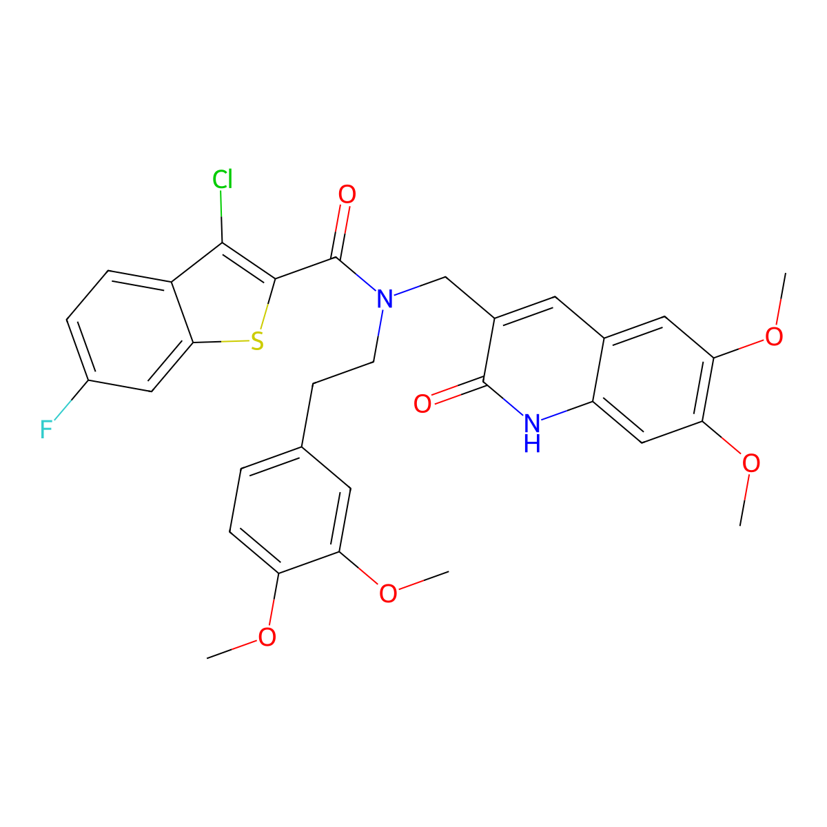 3-chloro-N-[(6,7-dimethoxy-2-oxo-1H-quinolin-3-yl)methyl]-N-[2-(3,4-dimethoxyphenyl)ethyl]-6-fluoro-1-benzothiophene-2-carboxamide molecular structure, CAS 579516-68-0