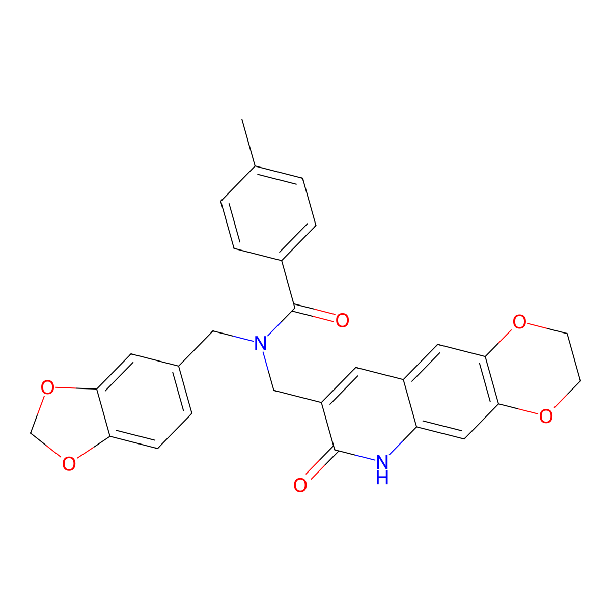 N-(1,3-Benzodioxol-5-ylmethyl)-4-methyl-N-[(2,3,6,7-tetrahydro-7-oxo-1,4-dioxino[2,3-g]quinolin-8-yl)methyl]benzamide molecular structure, CAS 579518-99-3