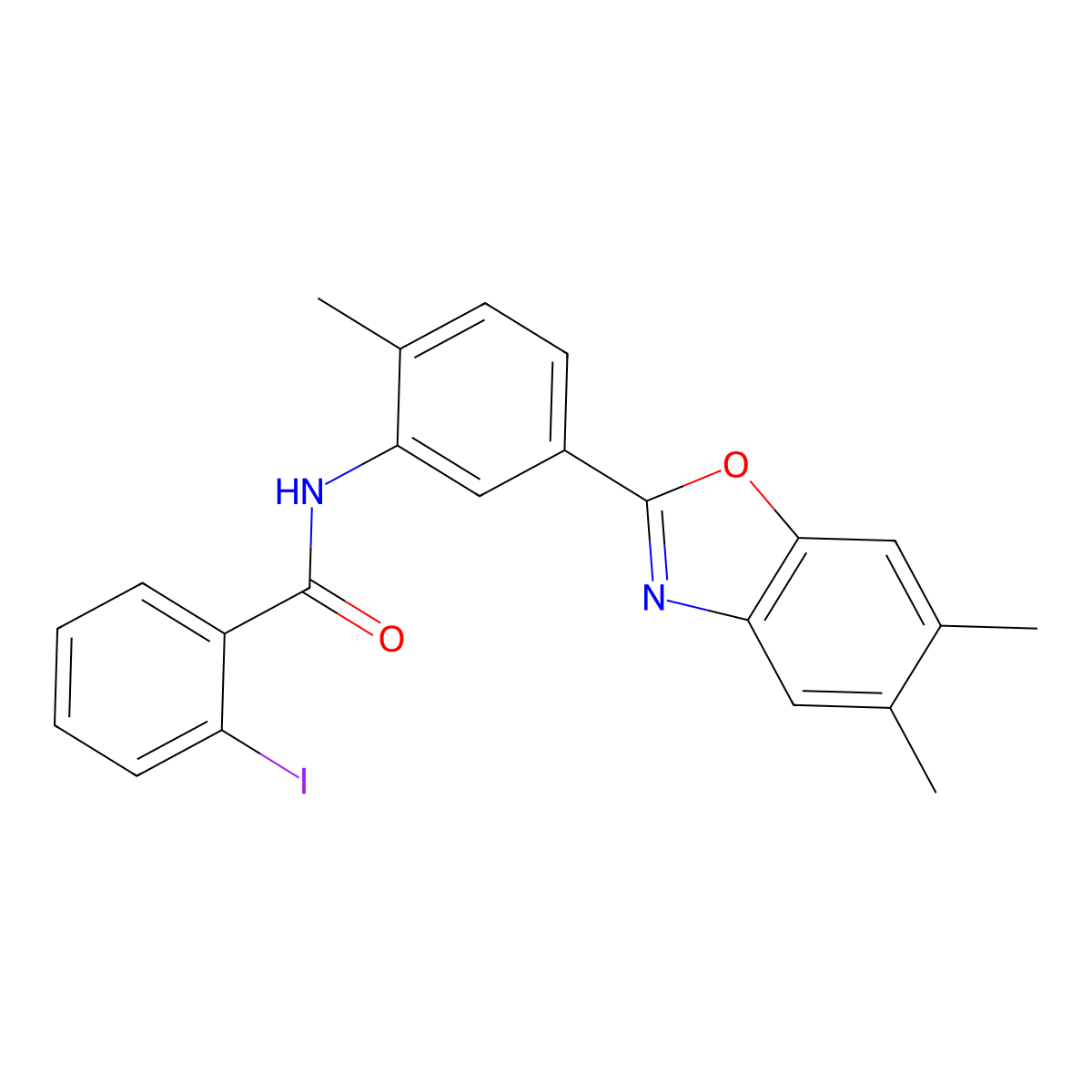 N-[5-(5,6-dimethyl-1,3-benzoxazol-2-yl)-2-methylphenyl]-2-iodobenzamide molecular structure, CAS 5797-00-2