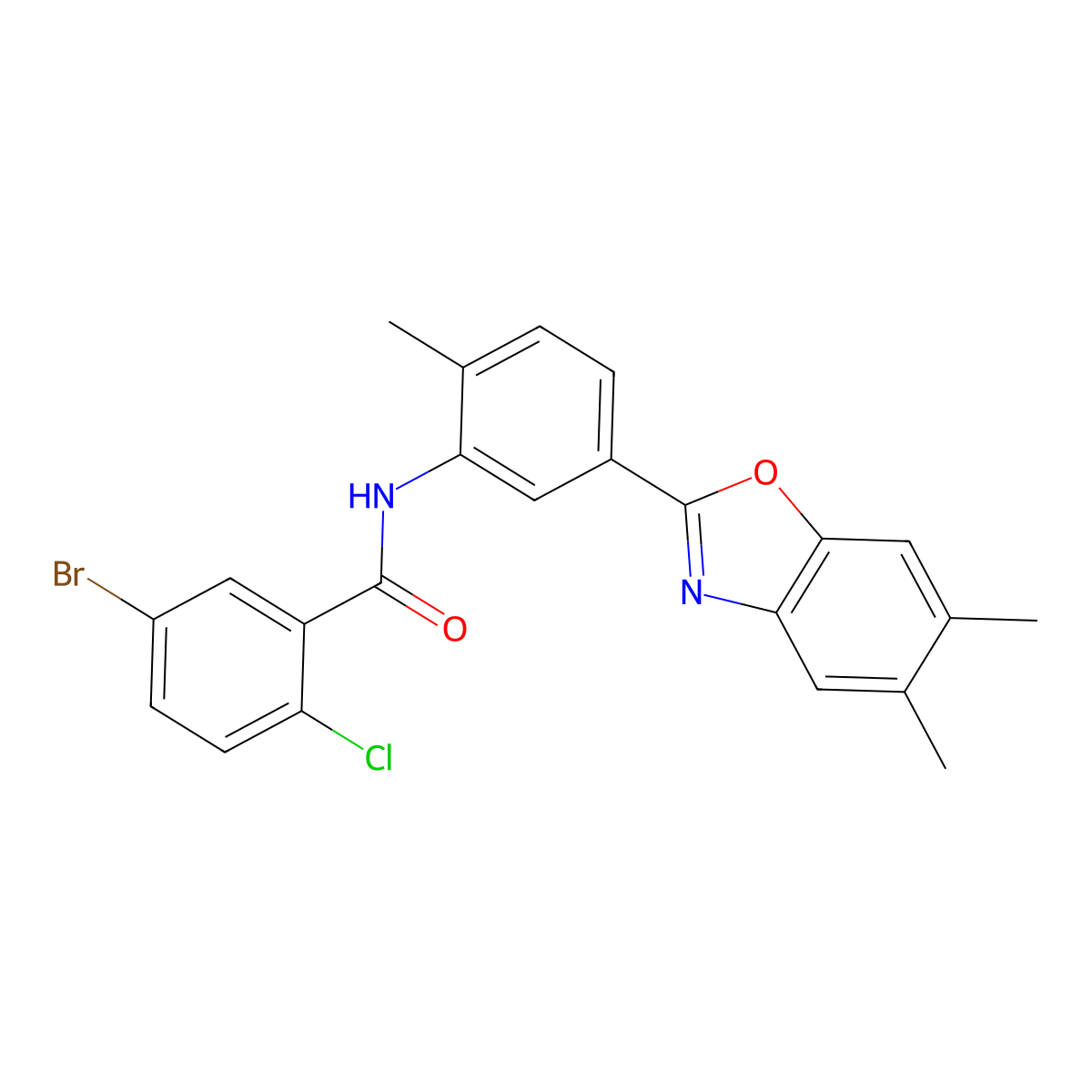 5-bromo-2-chloro-N-[5-(5,6-dimethyl-1,3-benzoxazol-2-yl)-2-methylphenyl]benzamide molecular structure, CAS 5798-08-3
