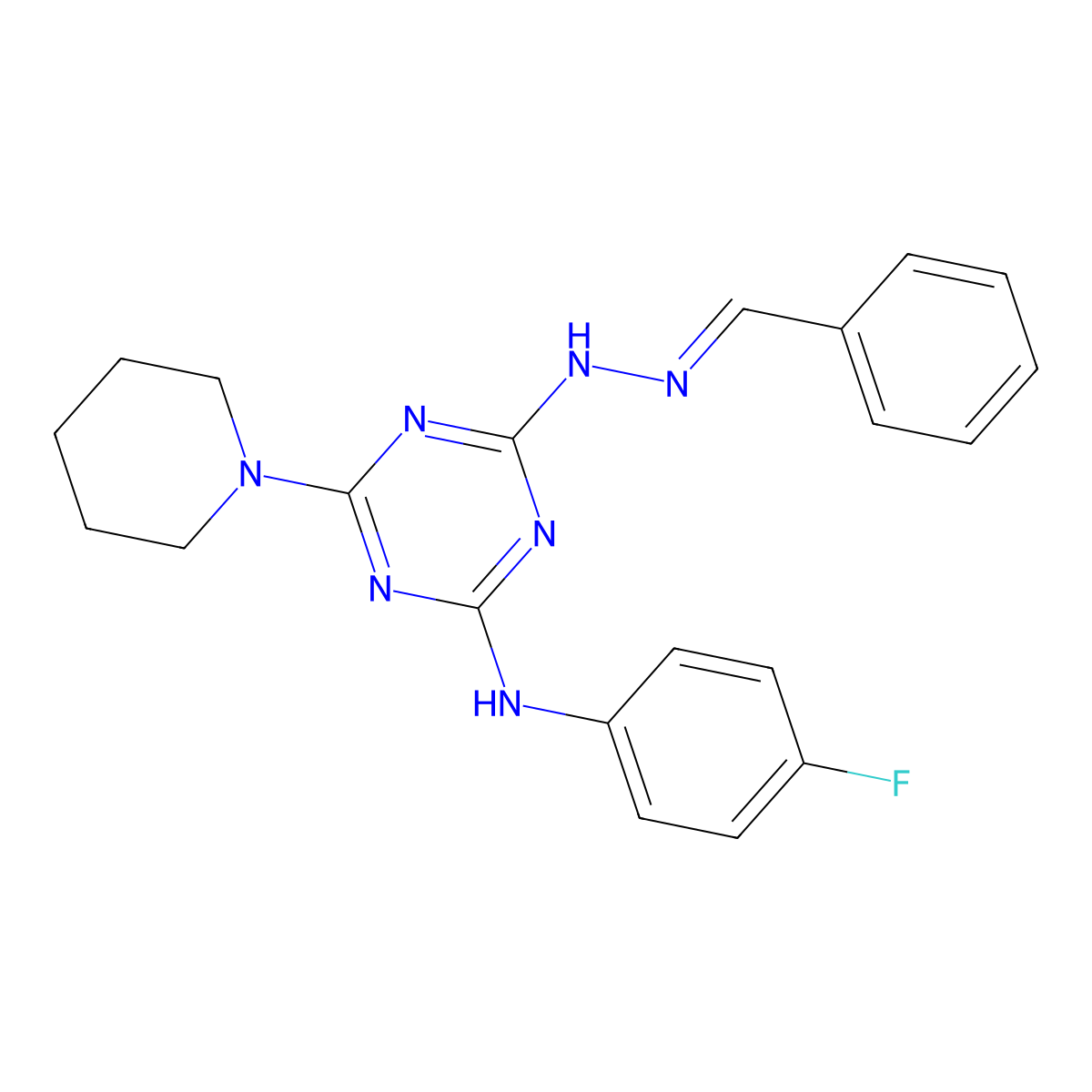 2-N-(benzylideneamino)-4-N-(4-fluorophenyl)-6-piperidin-1-yl-1,3,5-triazine-2,4-diamine molecular structure, CAS 5798-68-5