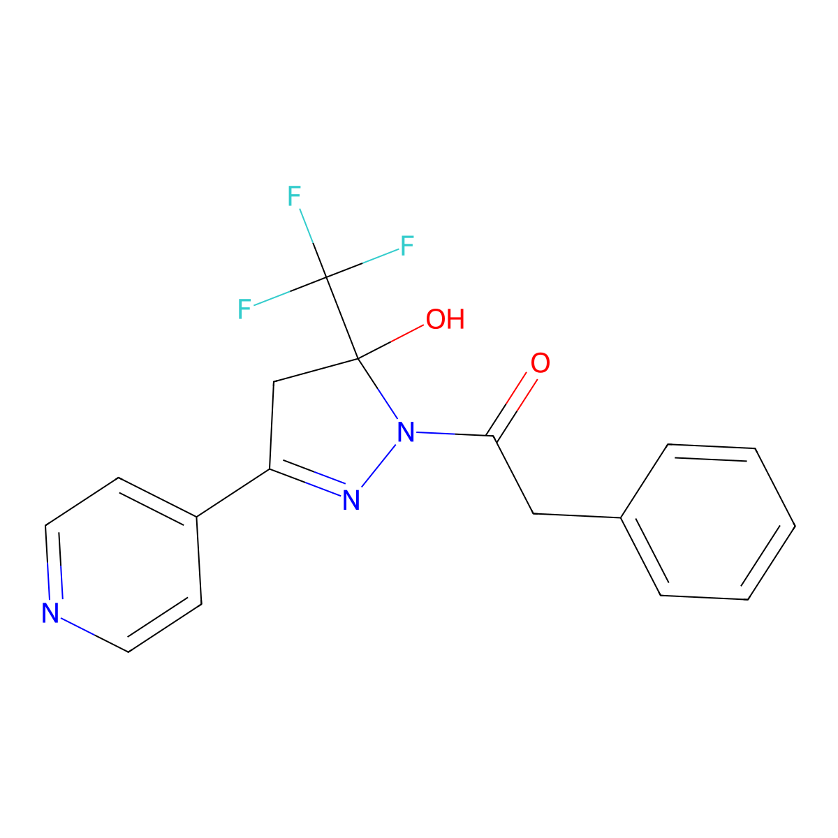 1-[5-hydroxy-3-(pyridin-4-yl)-5-(trifluoromethyl)-4,5-dihydro-1H-pyrazol-1-yl]-2-phenylethanone molecular structure, CAS 5799-88-2