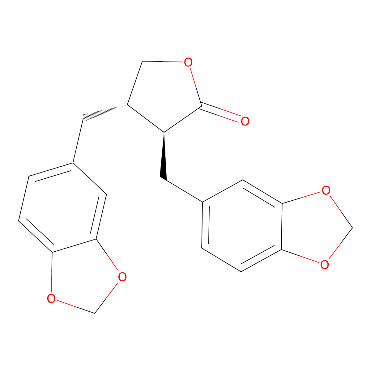 2(3H)-Furanone, 3,4-bis(1,3-benzodioxol-5-ylmethyl)dihydro-, (3S,4S)- molecular structure, CAS 580-73-4