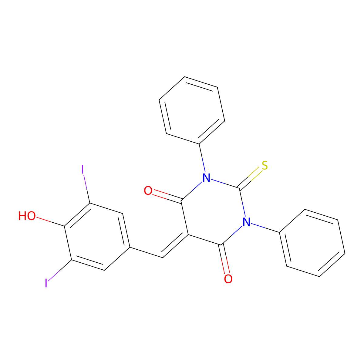 5-[(4-Hydroxy-3,5-diiodophenyl)methylidene]-1,3-diphenyl-2-sulfanylidenedihydropyrimidine-4,6(1H,5H)-dione molecular structure, CAS 5800-01-1