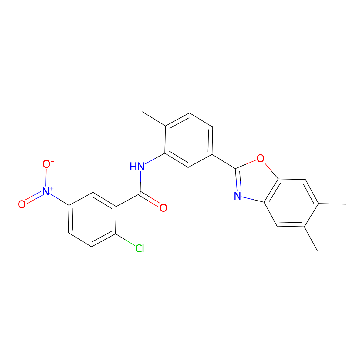 2-chloro-N-[5-(5,6-dimethyl-1,3-benzoxazol-2-yl)-2-methylphenyl]-5-nitrobenzamide molecular structure, CAS 5800-55-5