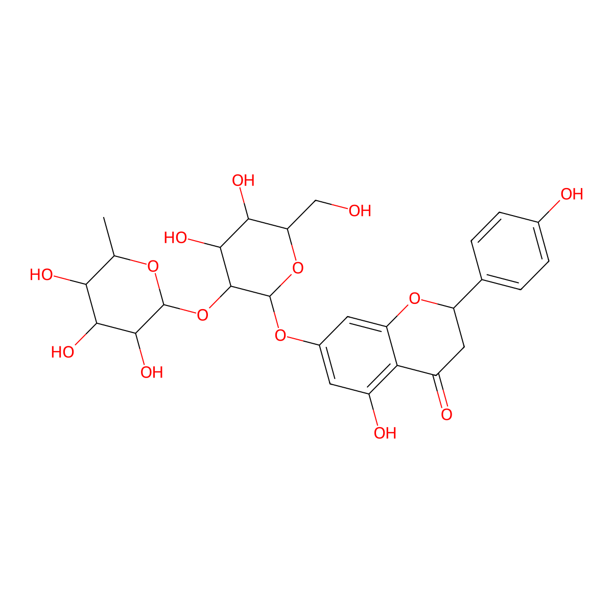 4H-1-Benzopyran-4-one, 7-((2-O-(6-deoxy-alpha-L-mannopyranosyl)-beta-D-glucopyranosyl)oxy)-2,3-dihydro-5-hydroxy-2-(4-hydroxyphenyl)-, (2S)- molecular structure, CAS 58001-41-5