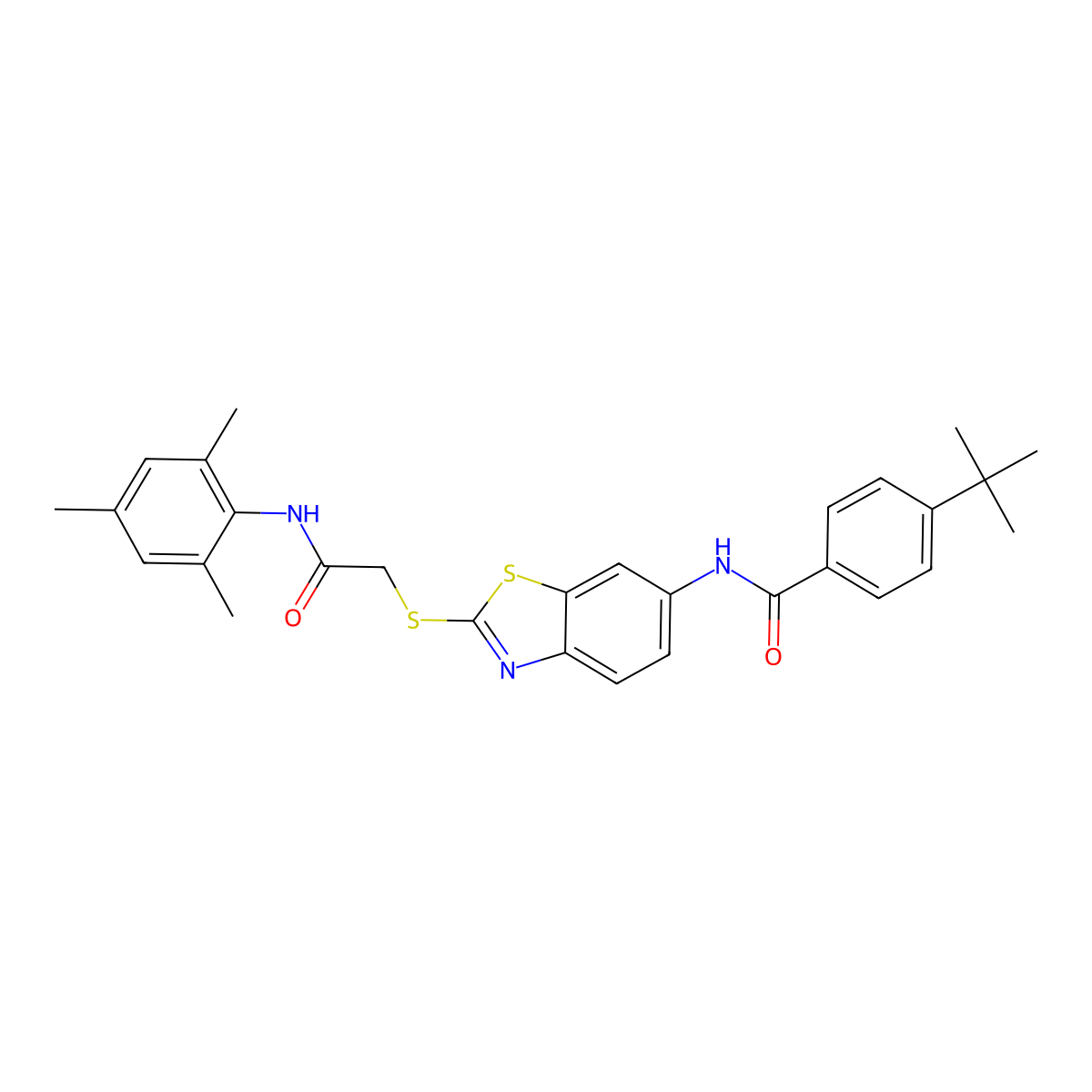 4-tert-butyl-N-[2-[2-oxo-2-(2,4,6-trimethylanilino)ethyl]sulfanyl-1,3-benzothiazol-6-yl]benzamide molecular structure, CAS 5801-80-9