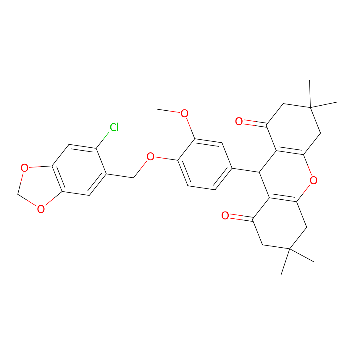 9-{4-[(6-chloro-1,3-benzodioxol-5-yl)methoxy]-3-methoxyphenyl}-3,3,6,6-tetramethyl-3,4,5,6,7,9-hexahydro-1H-xanthene-1,8(2H)-dione molecular structure, CAS 5801-91-2
