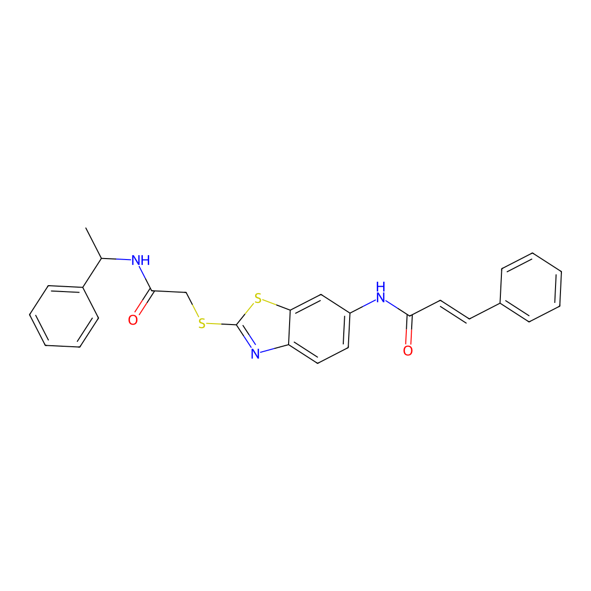 N-[2-({2-Oxo-2-[(1-phenylethyl)amino]ethyl}sulfanyl)-1,3-benzothiazol-6-yl]-3-phenylprop-2-enamide molecular structure, CAS 5802-05-1