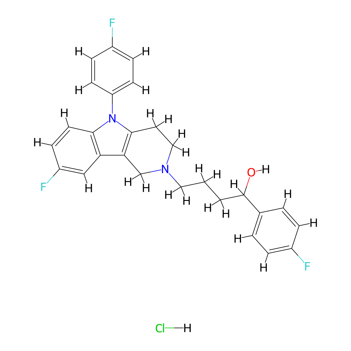 4-[8-fluoro-5-(4-fluorophenyl)-3,4-dihydro-1H-pyrido[4,3-b]indol-2-yl]-1-(4-fluorophenyl)butan-1-ol;hydrochloride molecular structure, CAS 58038-94-1