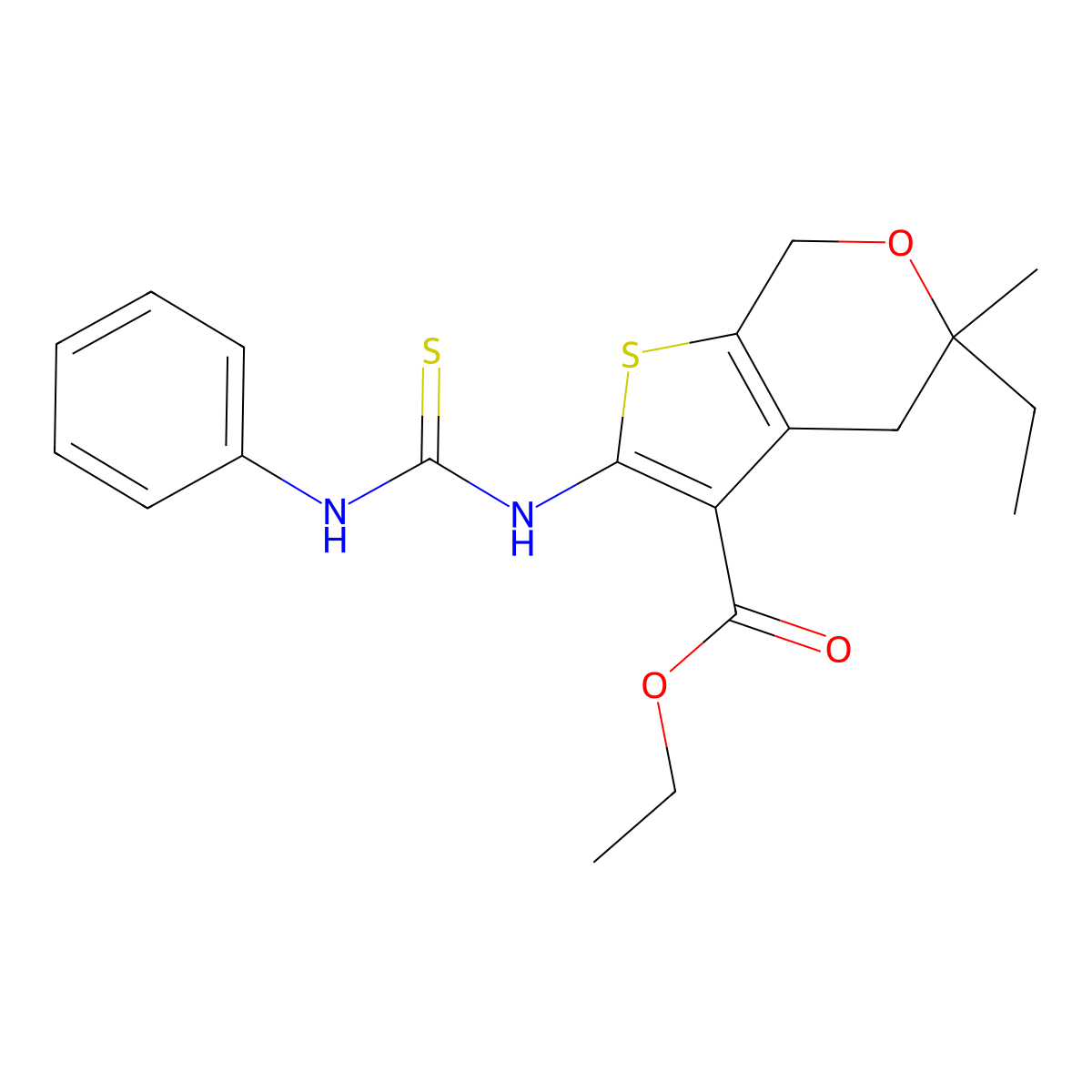 Ethyl 5-ethyl-5-methyl-2-(phenylcarbamothioylamino)-4,7-dihydrothieno[2,3-c]pyran-3-carboxylate molecular structure, CAS 5806-57-5