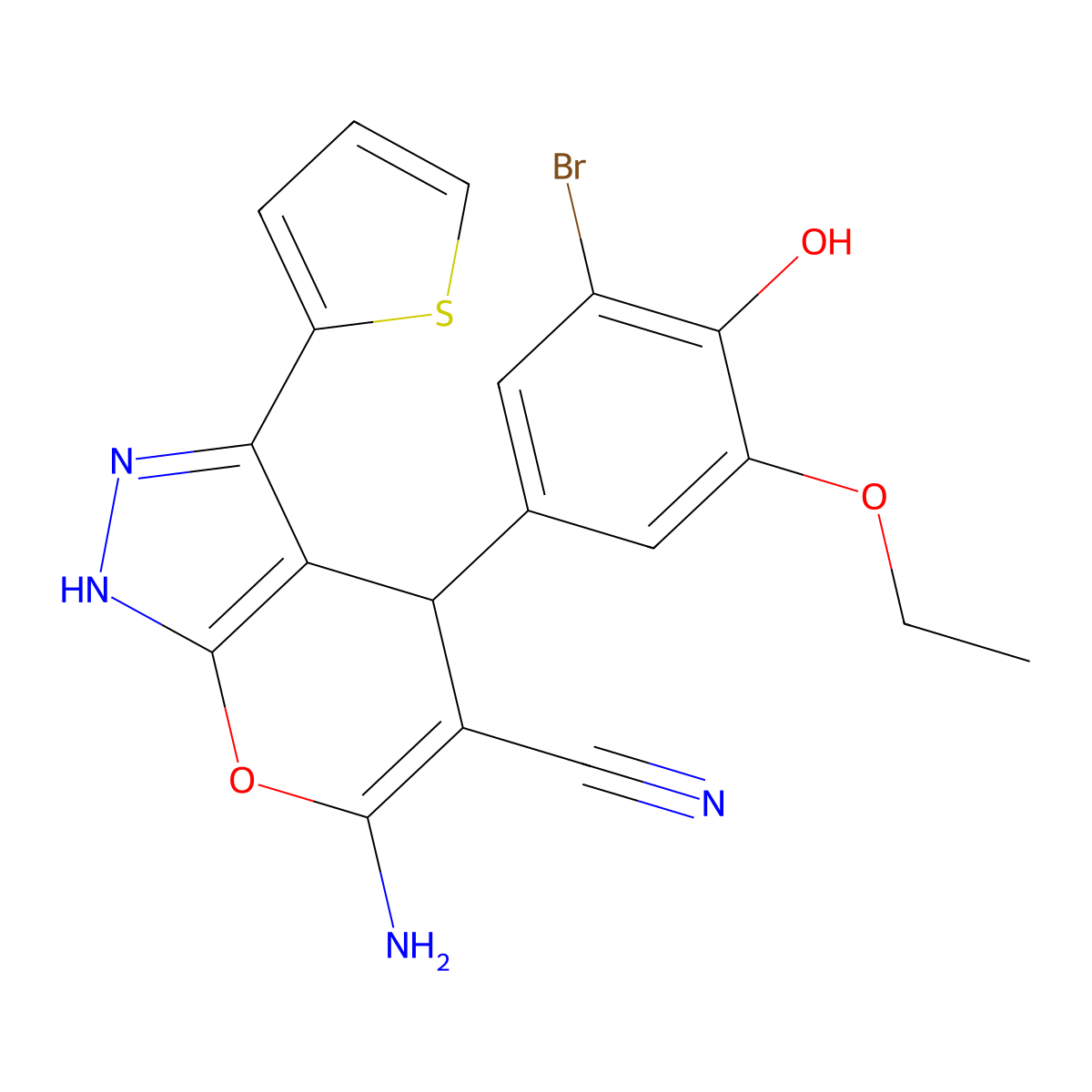 6-Amino-4-(3-bromo-5-ethoxy-4-hydroxyphenyl)-3-(thiophen-2-yl)-1,4-dihydropyrano[2,3-c]pyrazole-5-carbonitrile molecular structure, CAS 5807-35-2