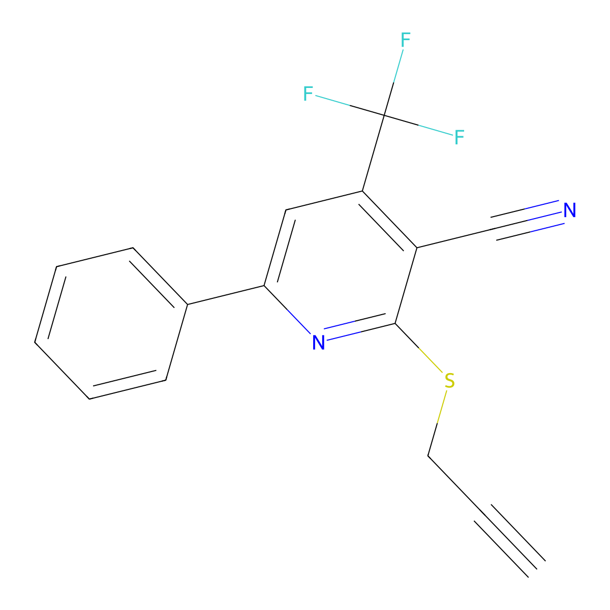 6-Phenyl-2-prop-2-ynylsulfanyl-4-trifluoromethyl-nicotinonitrile molecular structure, CAS 5809-04-1