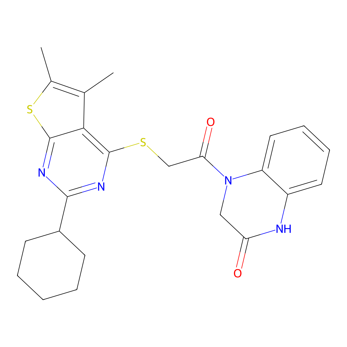 4-[2-(2-Cyclohexyl-5,6-dimethyl-thieno[2,3-d]pyrimidin-4-ylsulfanyl)-acetyl]-3,4-dihydro-1H-quinoxalin-2-one molecular structure, CAS 581090-18-8