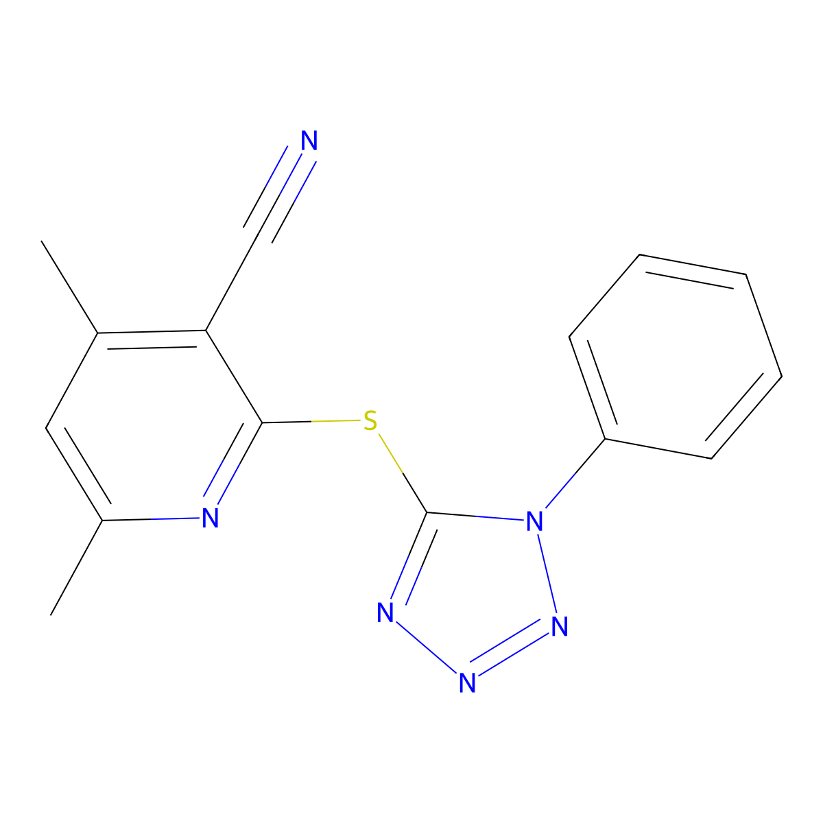 4,6-dimethyl-2-[(1-phenyl-1H-tetrazol-5-yl)sulfanyl]pyridine-3-carbonitrile molecular structure, CAS 5814-33-5