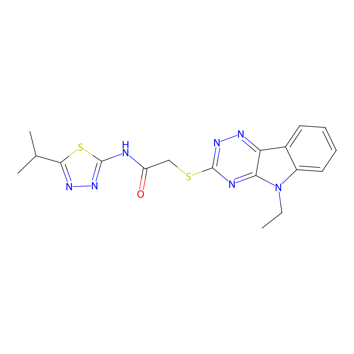 2-[(5-ethyl-5H-[1,2,4]triazino[5,6-b]indol-3-yl)sulfanyl]-N-(5-isopropyl-1,3,4-thiadiazol-2-yl)acetamide molecular structure, CAS 5815-74-7