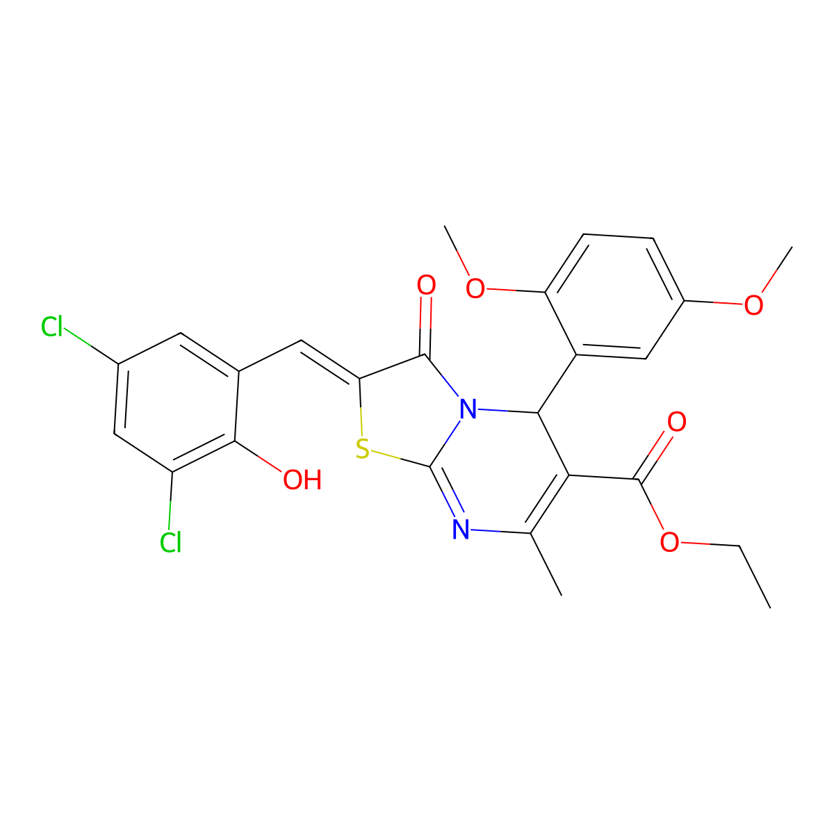 ethyl 2-[(3,5-dichloro-2-hydroxyphenyl)methylidene]-5-(2,5-dimethoxyphenyl)-7-methyl-3-oxo-5H-[1,3]thiazolo[3,2-a]pyrimidine-6-carboxylate molecular structure, CAS 5816-03-5