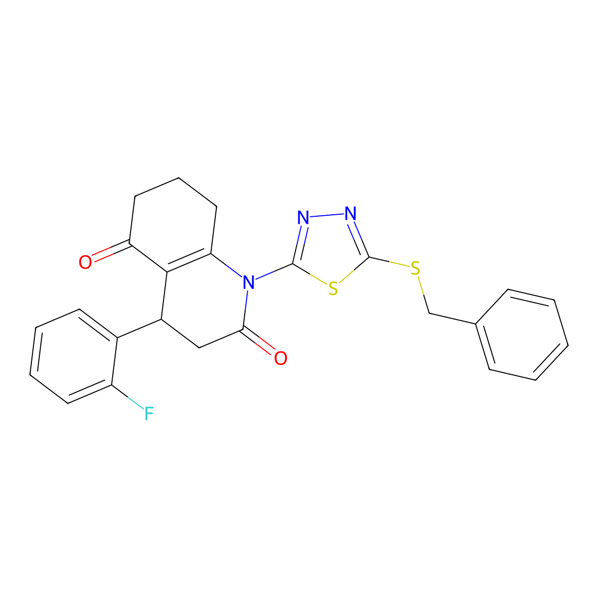 1-(5-benzylsulfanyl-1,3,4-thiadiazol-2-yl)-4-(2-fluorophenyl)-4,6,7,8-tetrahydro-3H-quinoline-2,5-dione molecular structure, CAS 5817-14-1