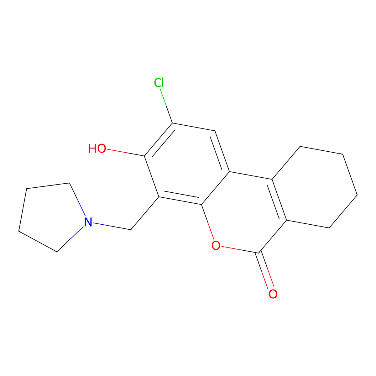 2-chloro-3-hydroxy-4-(pyrrolidin-1-ylmethyl)-7,8,9,10-tetrahydro-6H-benzo[c]chromen-6-one molecular structure, CAS 581785-46-8