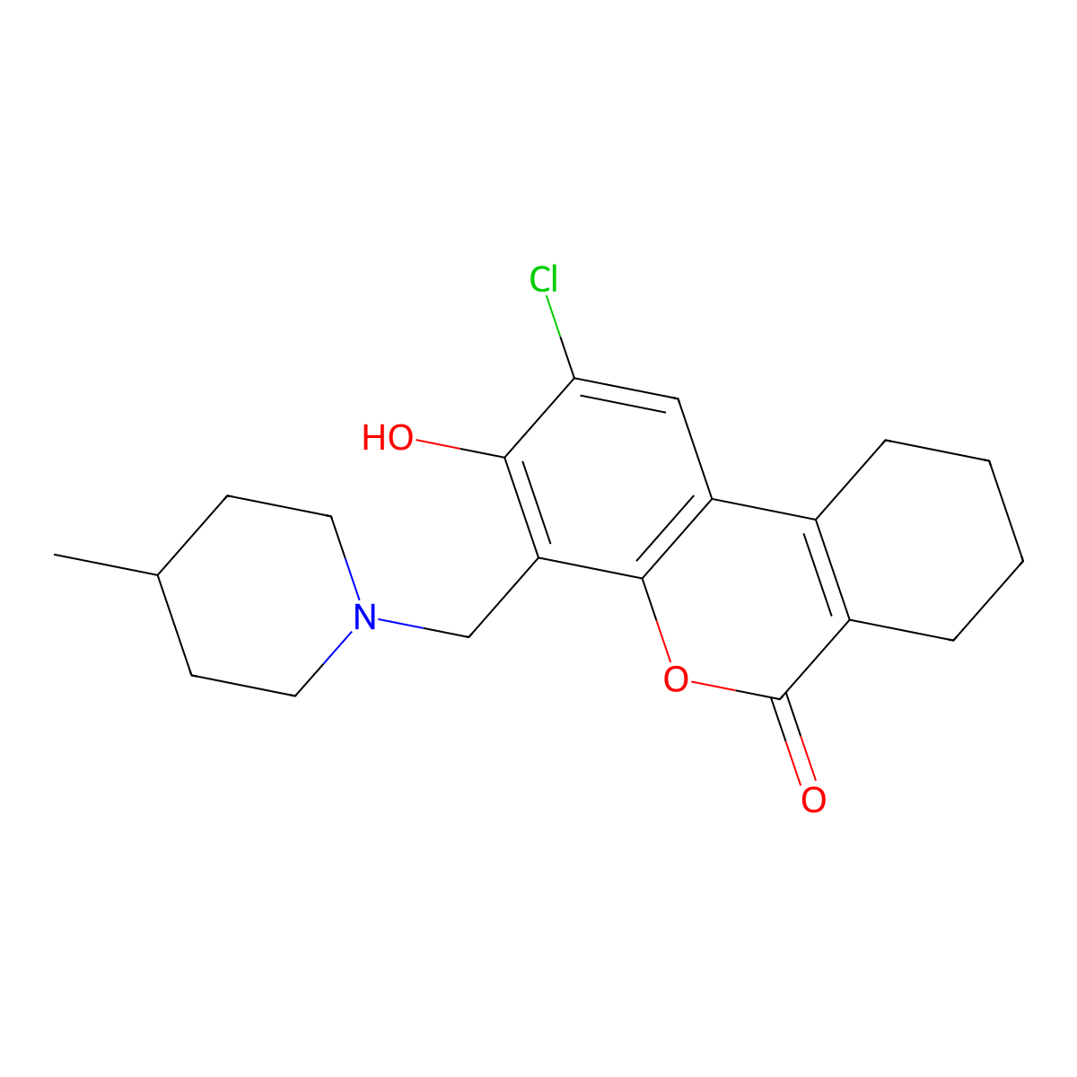 2-chloro-3-hydroxy-4-[(4-methylpiperidin-1-yl)methyl]-7,8,9,10-tetrahydro-6H-benzo[c]chromen-6-one molecular structure, CAS 581785-54-8