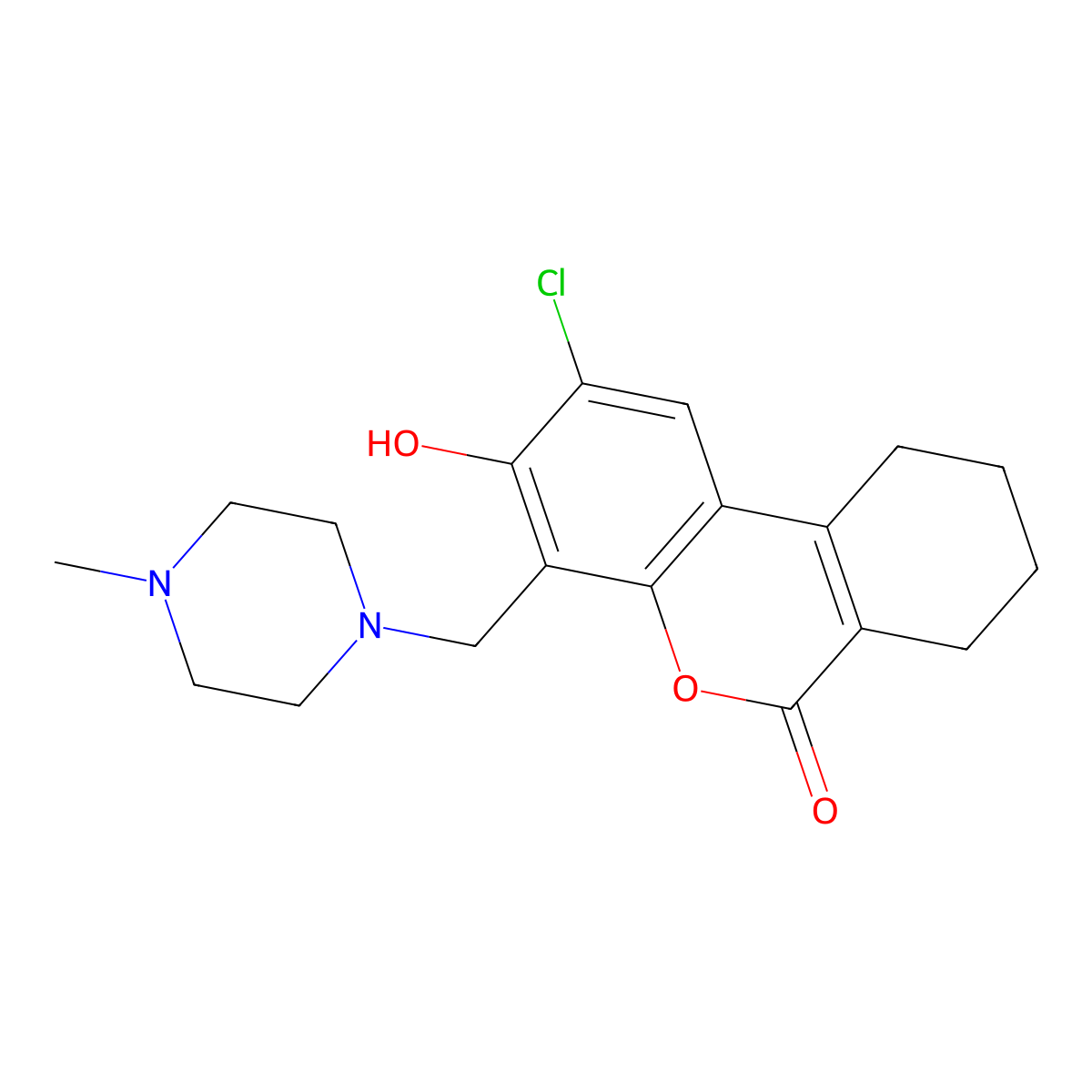 2-chloro-3-hydroxy-4-[(4-methylpiperazin-1-yl)methyl]-7,8,9,10-tetrahydro-6H-benzo[c]chromen-6-one molecular structure, CAS 581785-58-2