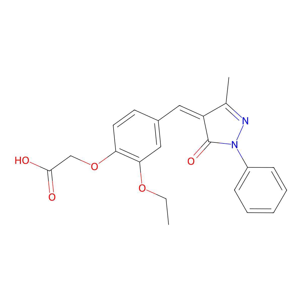 2-[2-Ethoxy-4-[(3-methyl-5-oxo-1-phenylpyrazol-4-ylidene)methyl]phenoxy]acetic acid molecular structure, CAS 5818-62-2