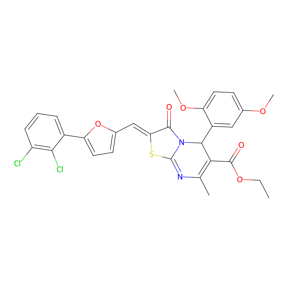 ethyl 2-[[5-(2,3-dichlorophenyl)furan-2-yl]methylidene]-5-(2,5-dimethoxyphenyl)-7-methyl-3-oxo-5H-[1,3]thiazolo[3,2-a]pyrimidine-6-carboxylate molecular structure, CAS 5820-10-0
