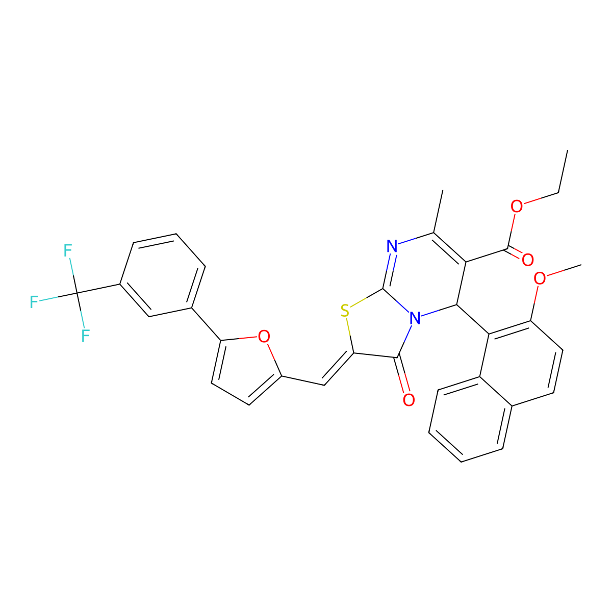 ethyl 5-(2-methoxynaphthalen-1-yl)-7-methyl-3-oxo-2-[[5-[3-(trifluoromethyl)phenyl]furan-2-yl]methylidene]-5H-[1,3]thiazolo[3,2-a]pyrimidine-6-carboxylate molecular structure, CAS 5820-23-5
