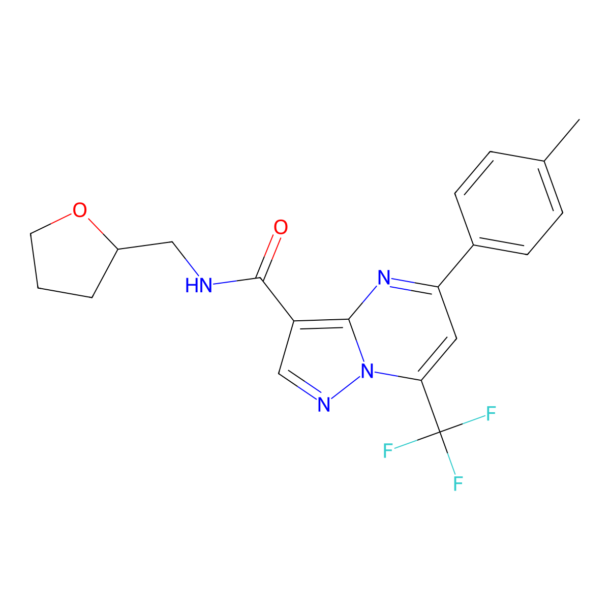 5-(4-methylphenyl)-N-(oxolan-2-ylmethyl)-7-(trifluoromethyl)pyrazolo[1,5-a]pyrimidine-3-carboxamide molecular structure, CAS 5820-62-2