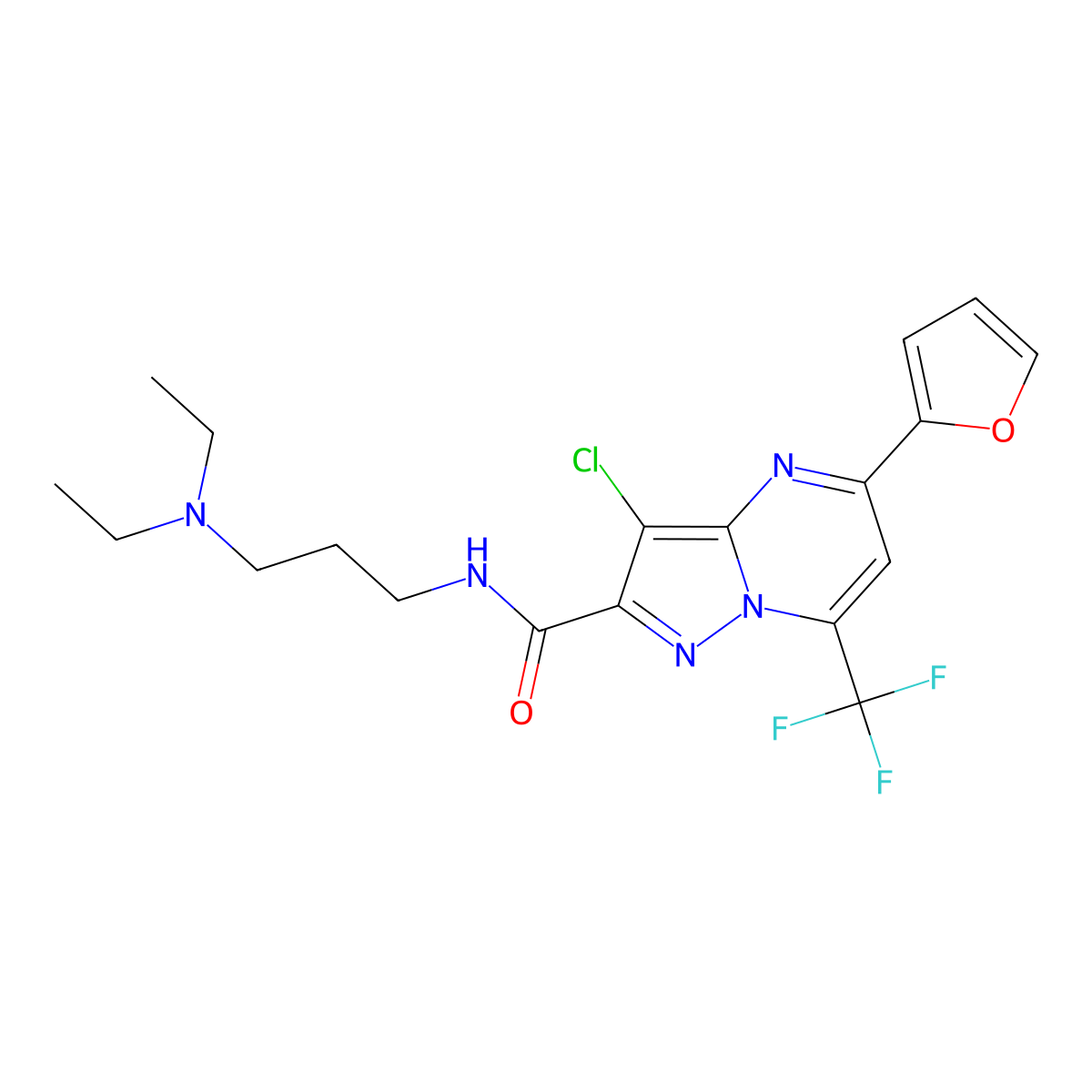 3-chloro-N-[3-(diethylamino)propyl]-5-(furan-2-yl)-7-(trifluoromethyl)pyrazolo[1,5-a]pyrimidine-2-carboxamide molecular structure, CAS 5821-11-4