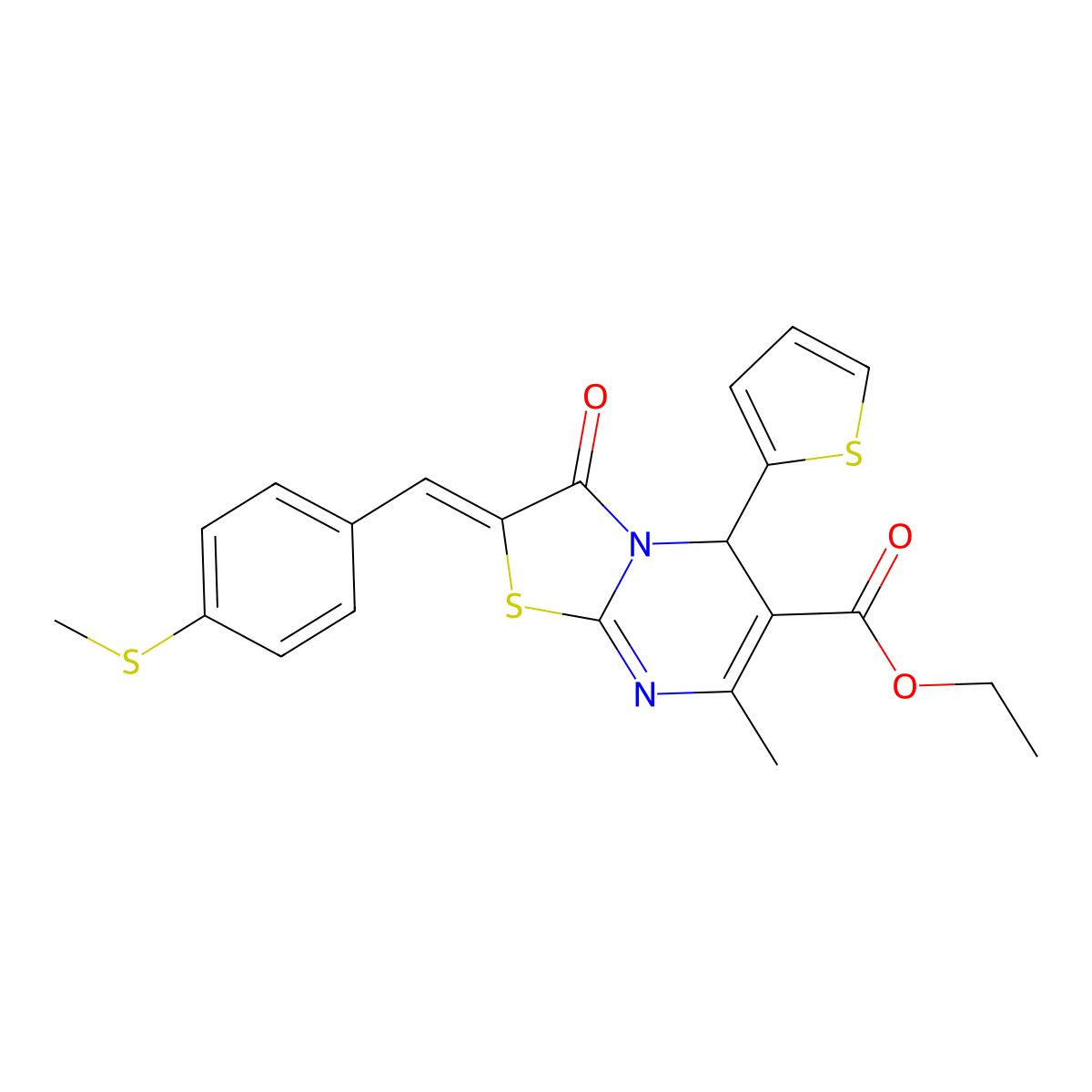 ethyl 7-methyl-2-[(4-methylsulfanylphenyl)methylidene]-3-oxo-5-thiophen-2-yl-5H-[1,3]thiazolo[3,2-a]pyrimidine-6-carboxylate molecular structure, CAS 5822-51-5