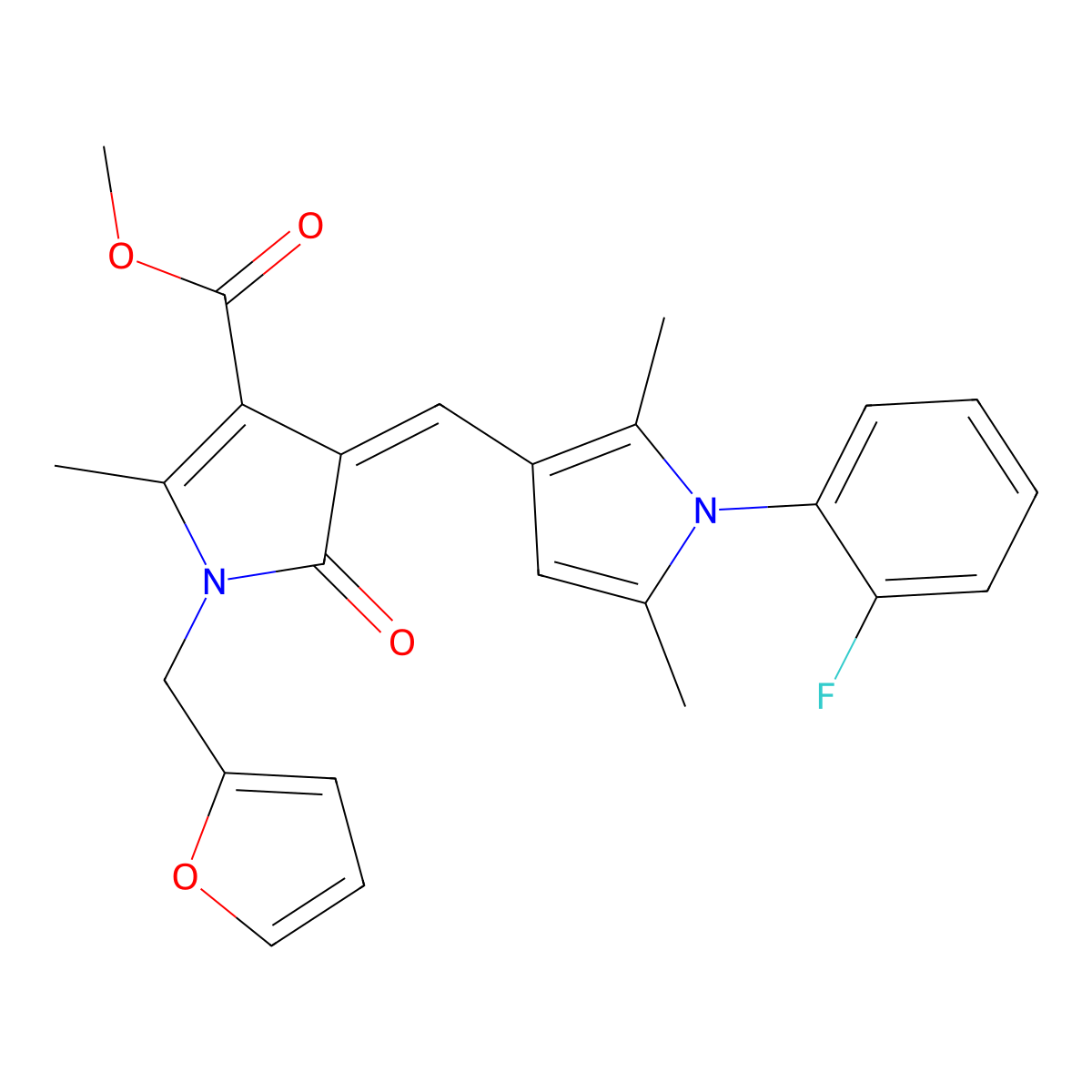Methyl 4-[[1-(2-fluorophenyl)-2,5-dimethylpyrrol-3-yl]methylidene]-1-(furan-2-ylmethyl)-2-methyl-5-oxopyrrole-3-carboxylate molecular structure, CAS 5822-56-0