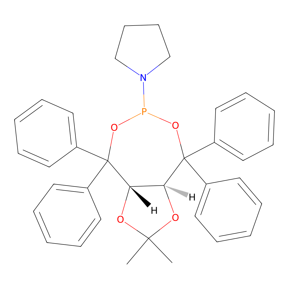 1-((3AS,8aS)-2,2-dimethyl-4,4,8,8-tetraphenyltetrahydro-[1,3]dioxolo[4,5-e][1,3,2]dioxaphosphepin-6-yl)pyrrolidine molecular structure, CAS 582298-51-9